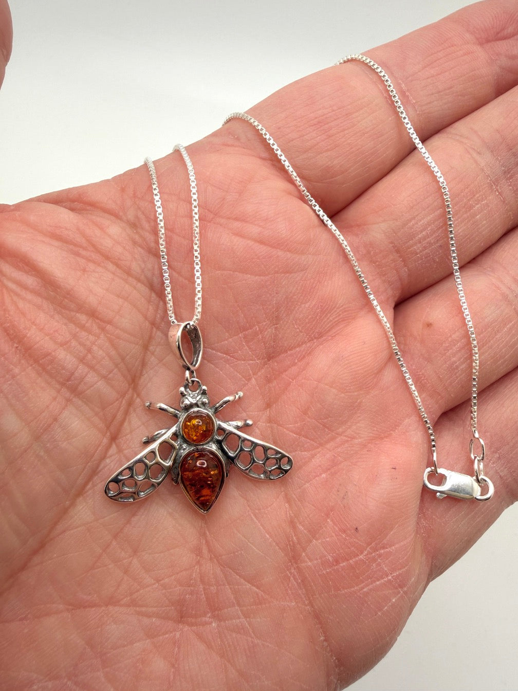 Sterling Silver Baltic Amber Bumblebee Pendant – Honey & Cognac Amber Bee Necklace on Box Chain