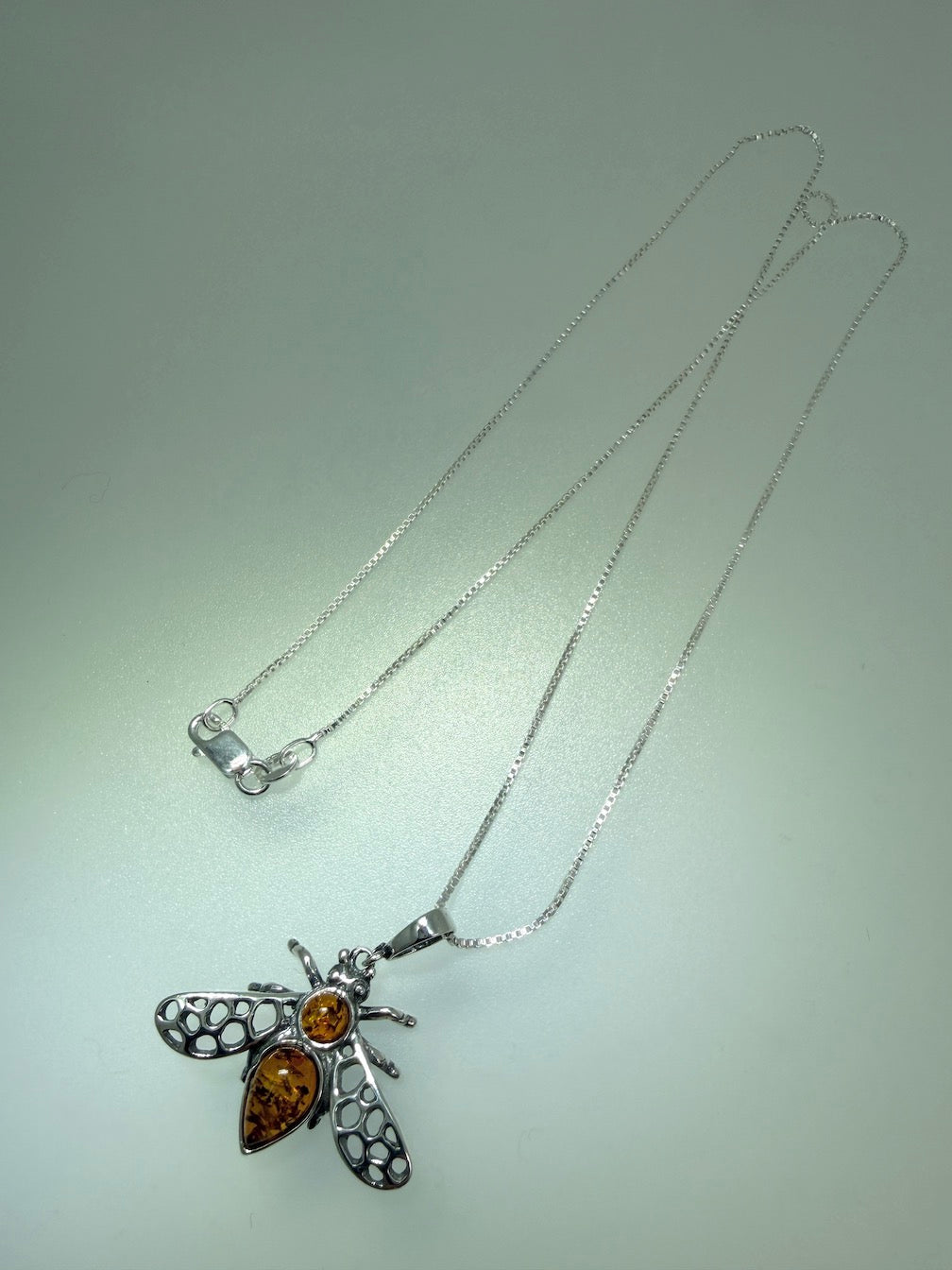 Sterling Silver Baltic Amber Bumblebee Pendant – Honey & Cognac Amber Bee Necklace on Box Chain