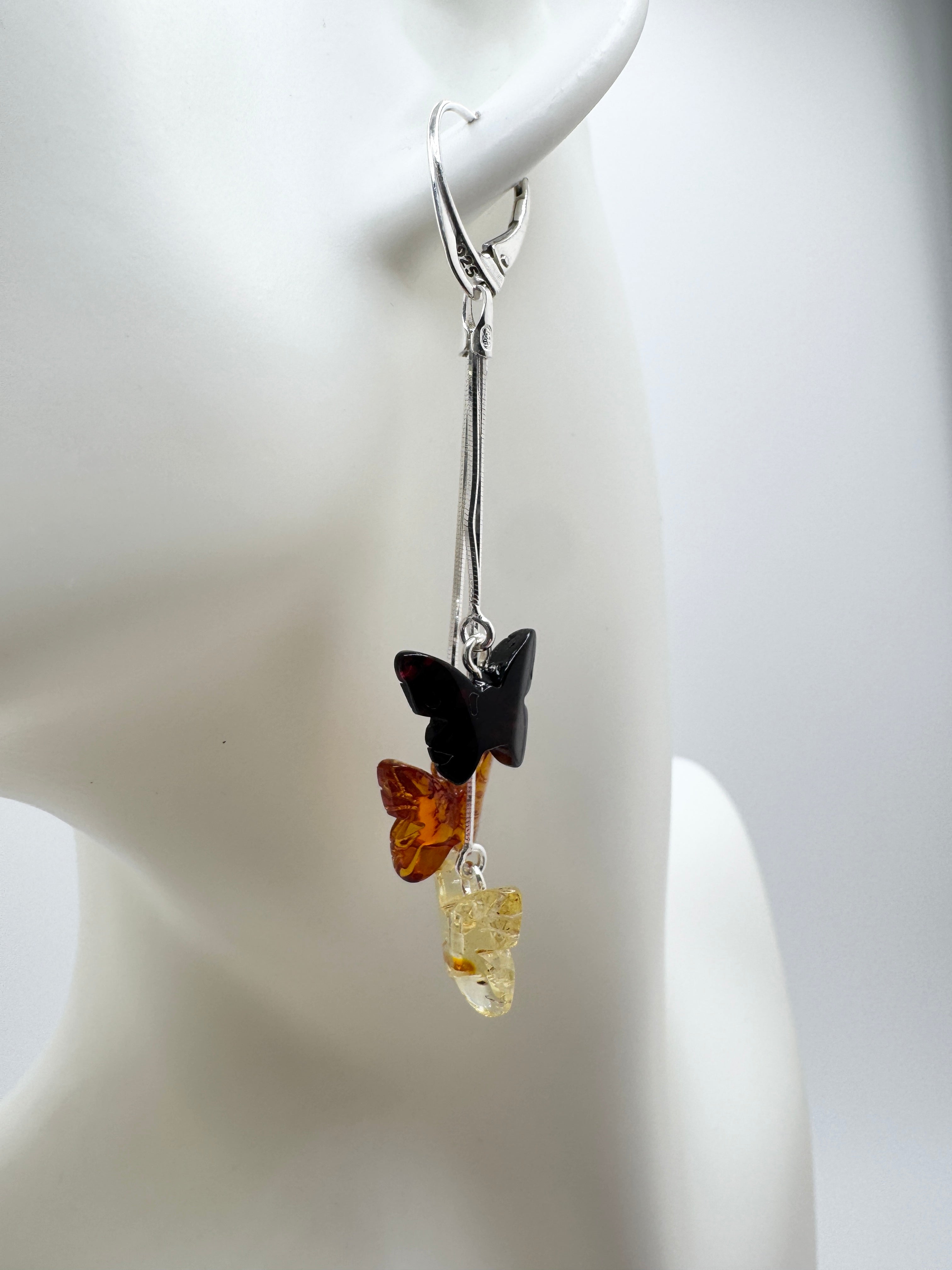 Sterling Silver Baltic Amber Butterfly Drop Earrings – Handmade in Lithuania with Lemon, Honey & Cherry Amber