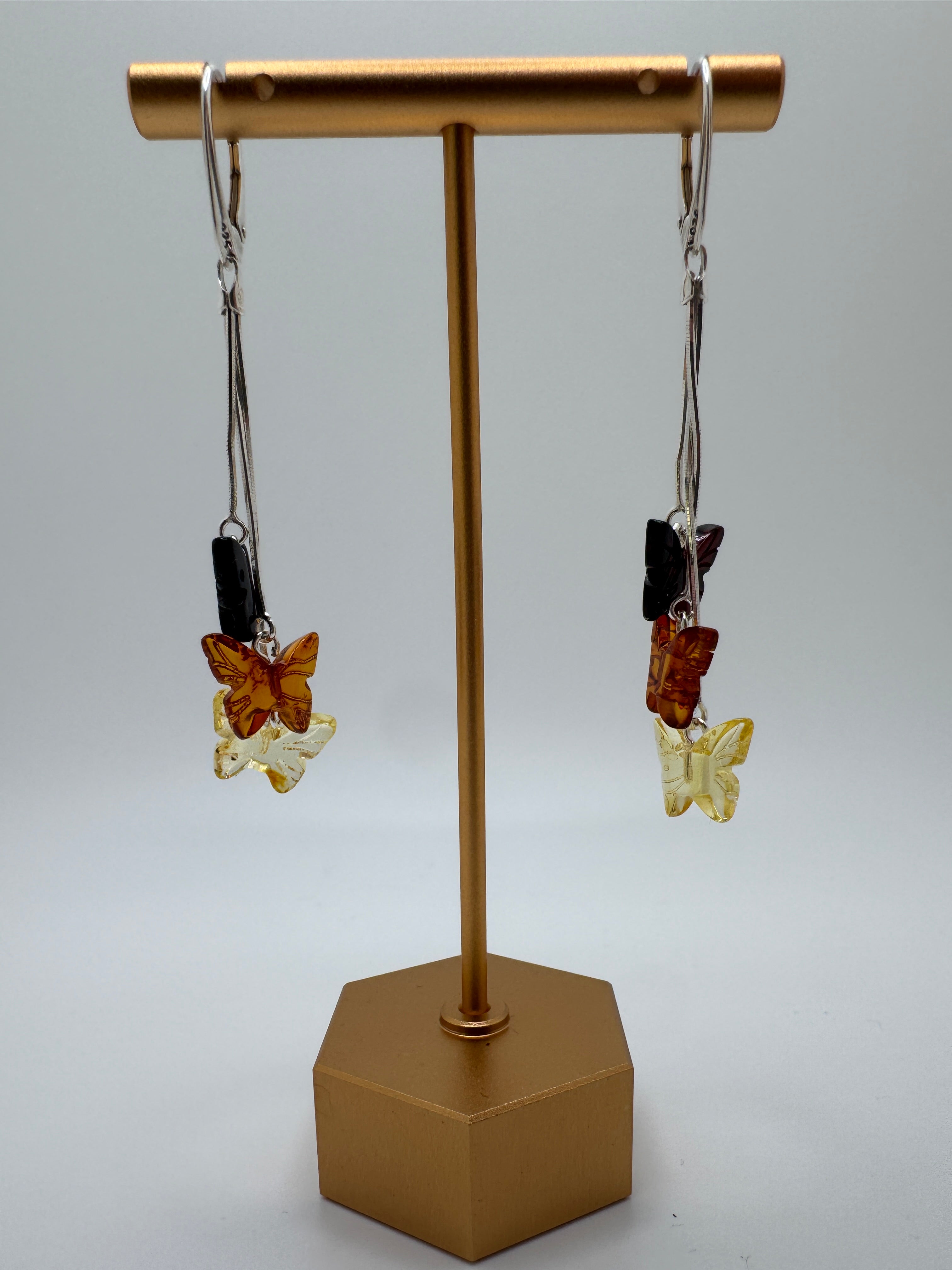Sterling Silver Baltic Amber Butterfly Drop Earrings – Handmade in Lithuania with Lemon, Honey & Cherry Amber