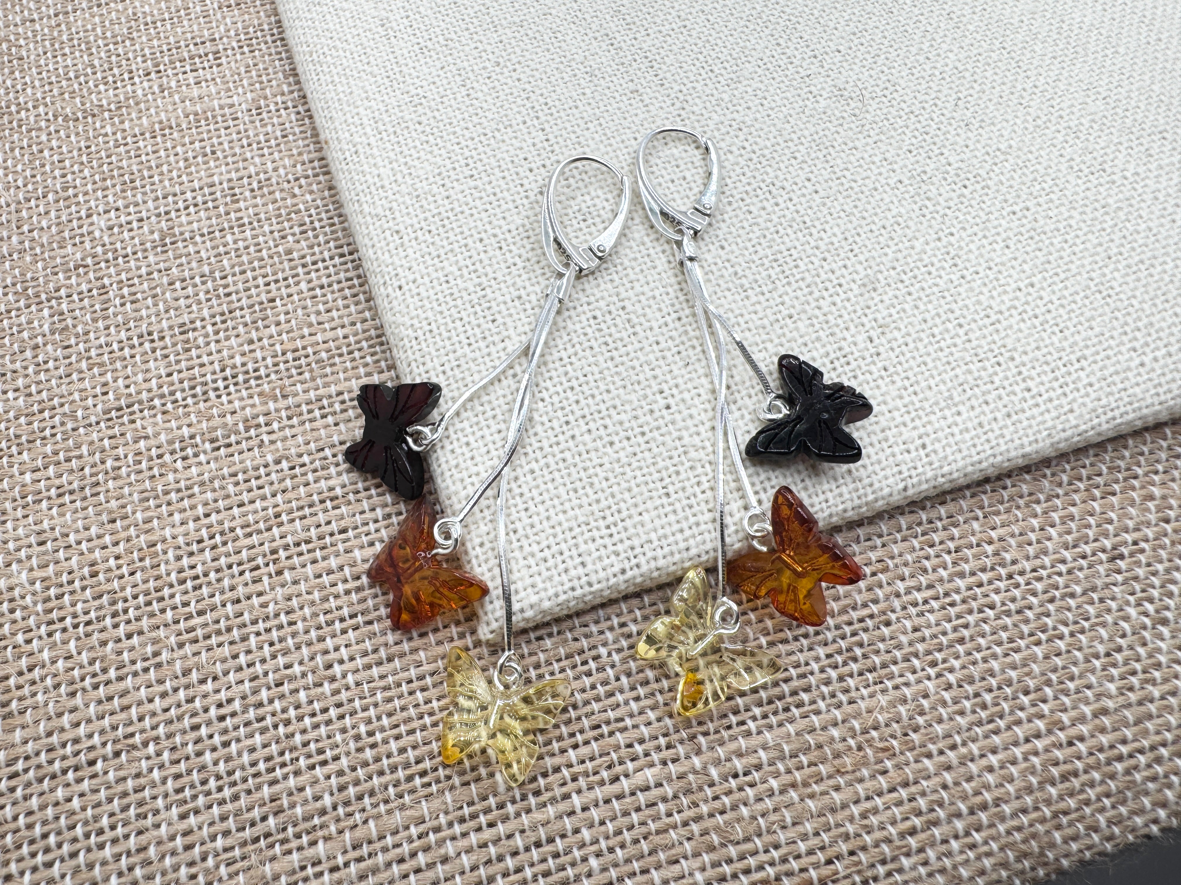 Sterling Silver Baltic Amber Butterfly Drop Earrings – Handmade in Lithuania with Lemon, Honey & Cherry Amber