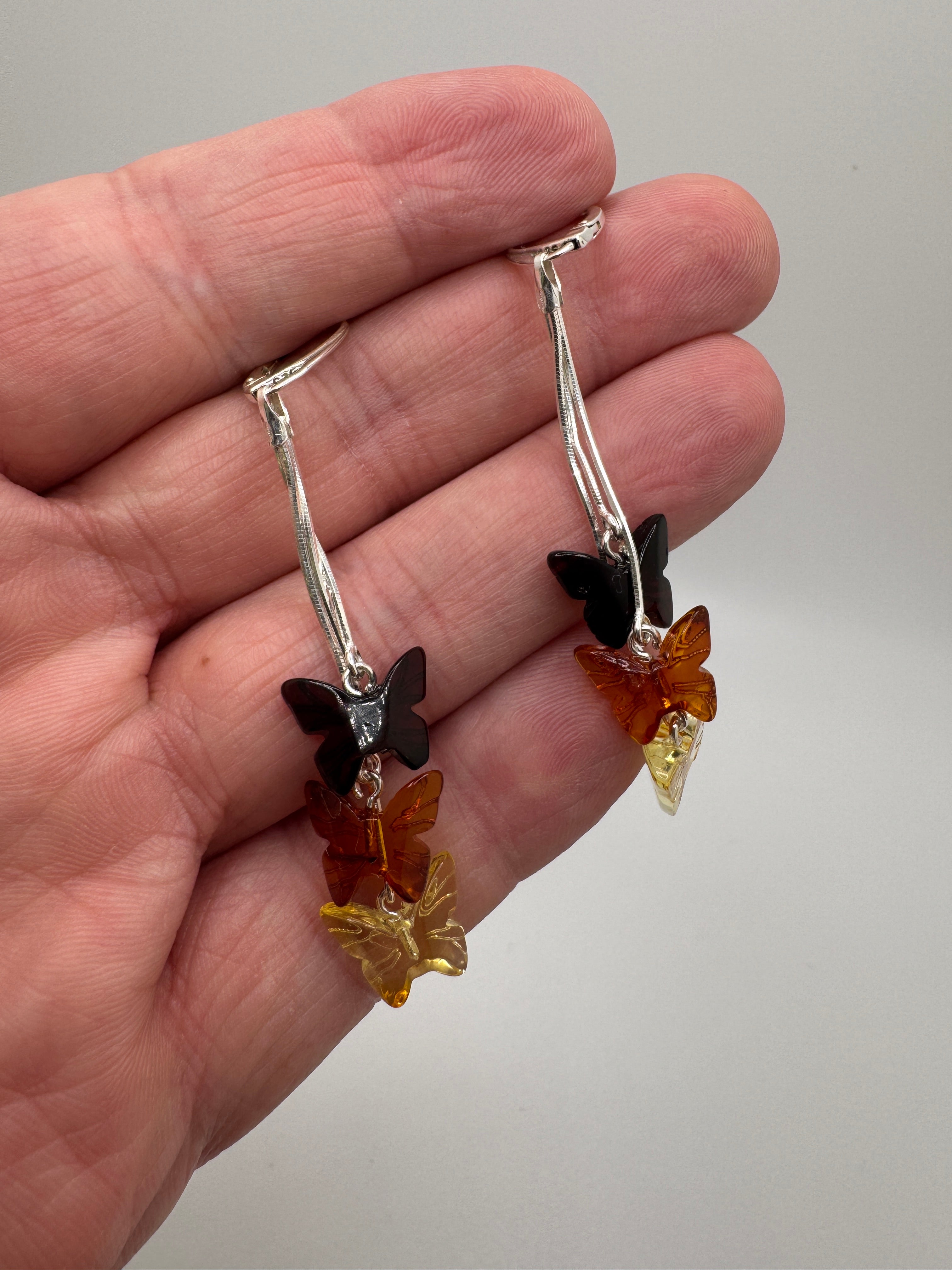 Sterling Silver Baltic Amber Butterfly Drop Earrings – Handmade in Lithuania with Lemon, Honey & Cherry Amber