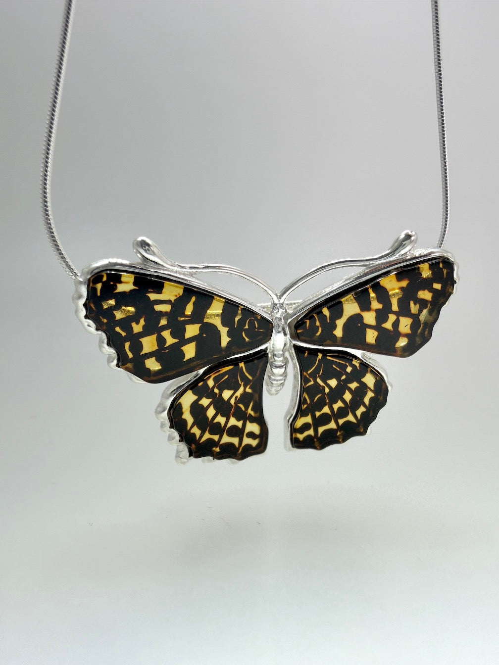 Sterling Silver Baltic Amber Butterfly Pendant | Hand-Etched Wings | Snake Chain | Handmade in Poland | Matching Earrings