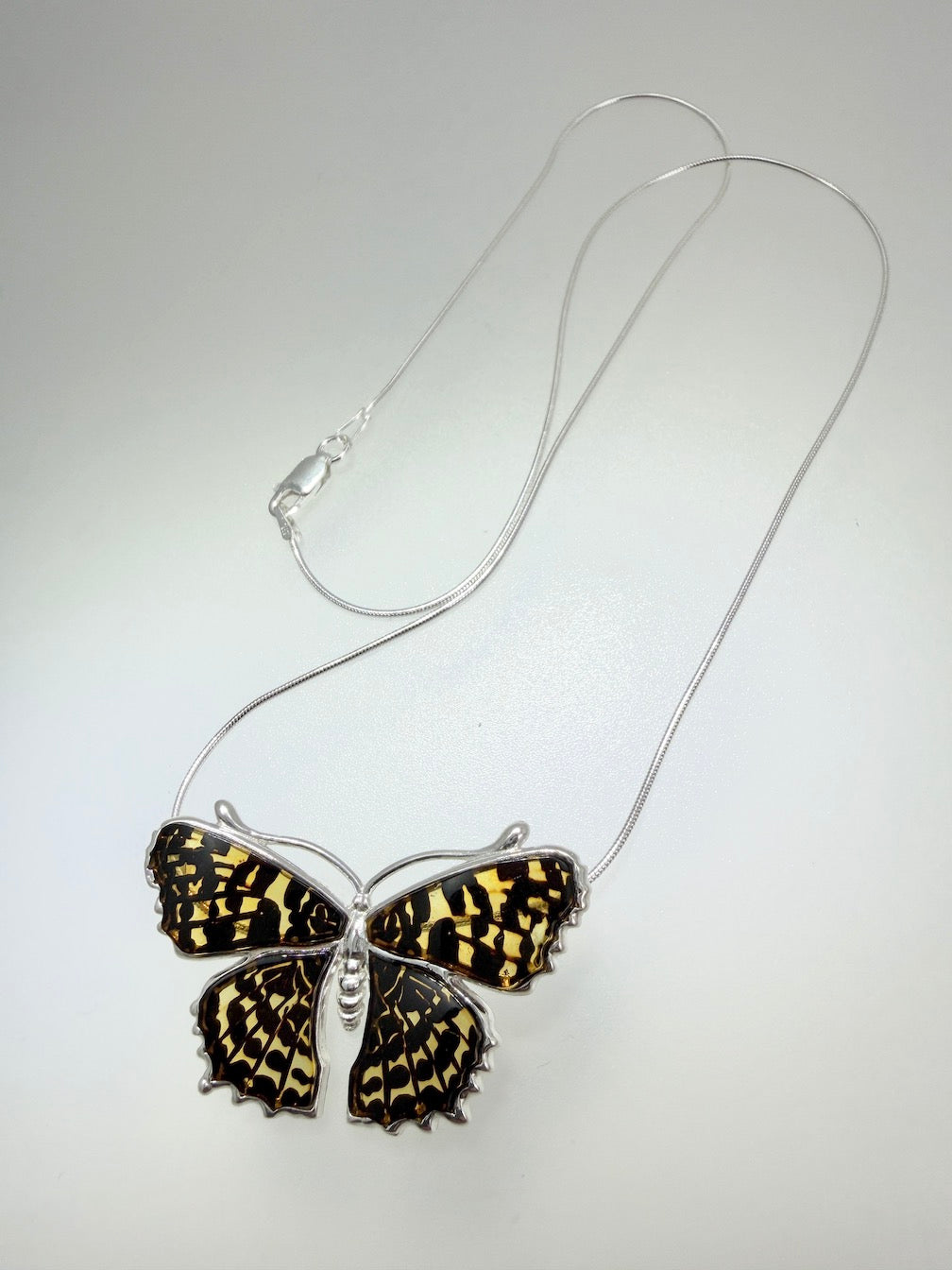 Sterling Silver Baltic Amber Butterfly Pendant | Hand-Etched Wings | Snake Chain | Handmade in Poland | Matching Earrings