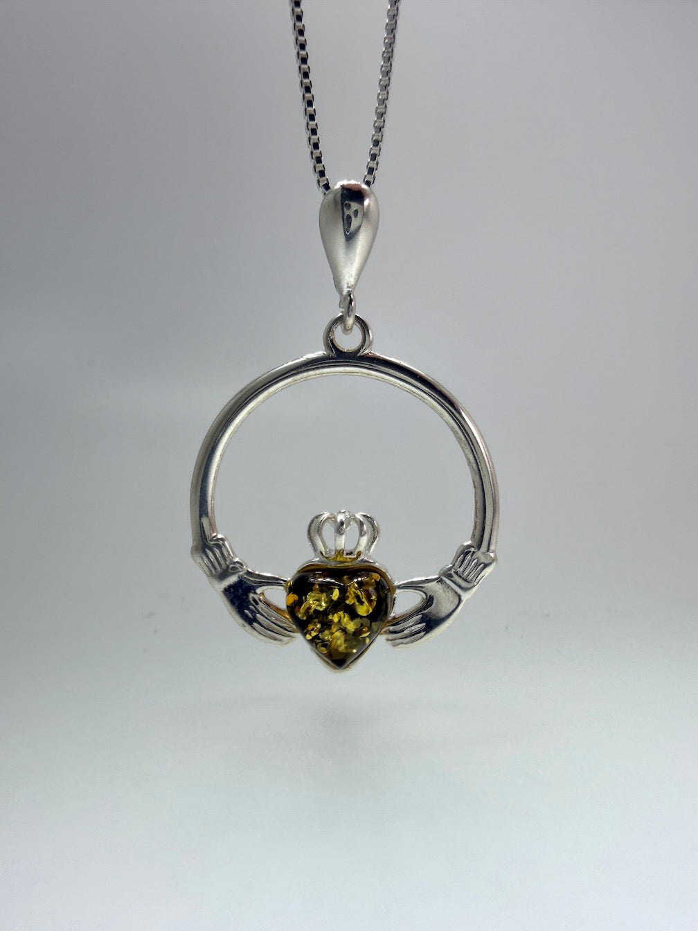 Sterling Silver Baltic Amber Claddagh Pendant – Handmade Celtic Design – Box Chain Necklace