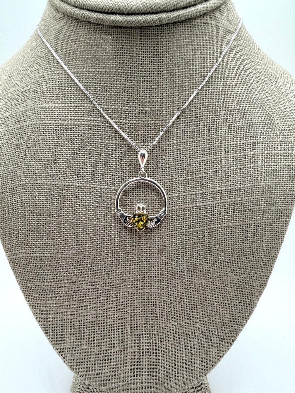 Sterling Silver Baltic Amber Claddagh Pendant – Handmade Celtic Design – Box Chain Necklace