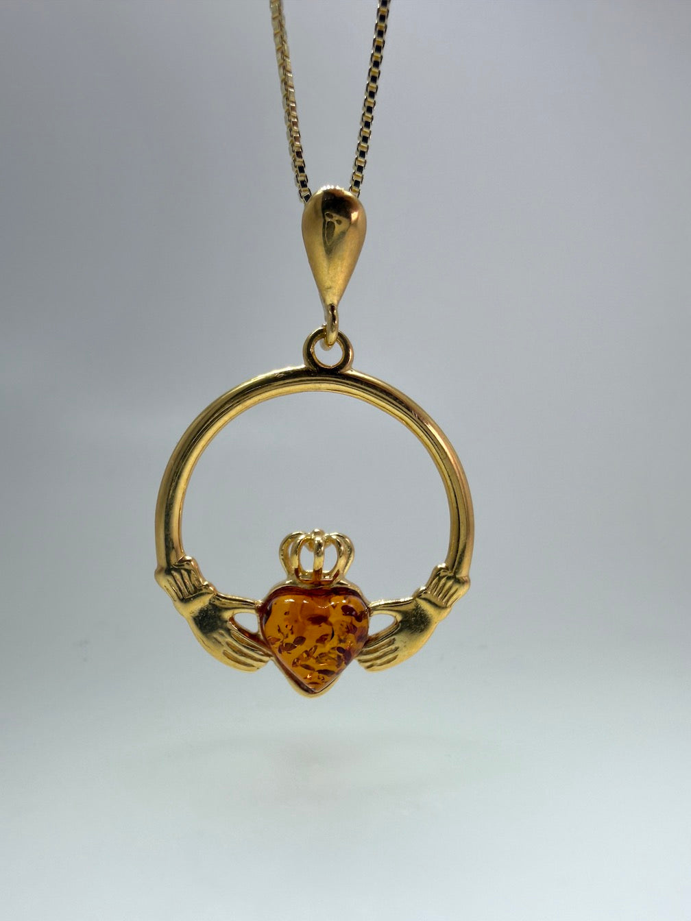 Sterling Silver Baltic Amber Claddagh Pendant – Handmade Celtic Design – Box Chain Necklace