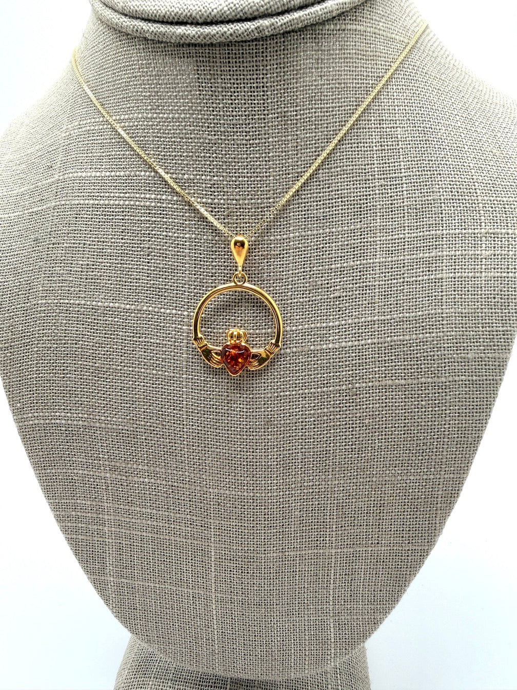 Sterling Silver Baltic Amber Claddagh Pendant – Handmade Celtic Design – Box Chain Necklace