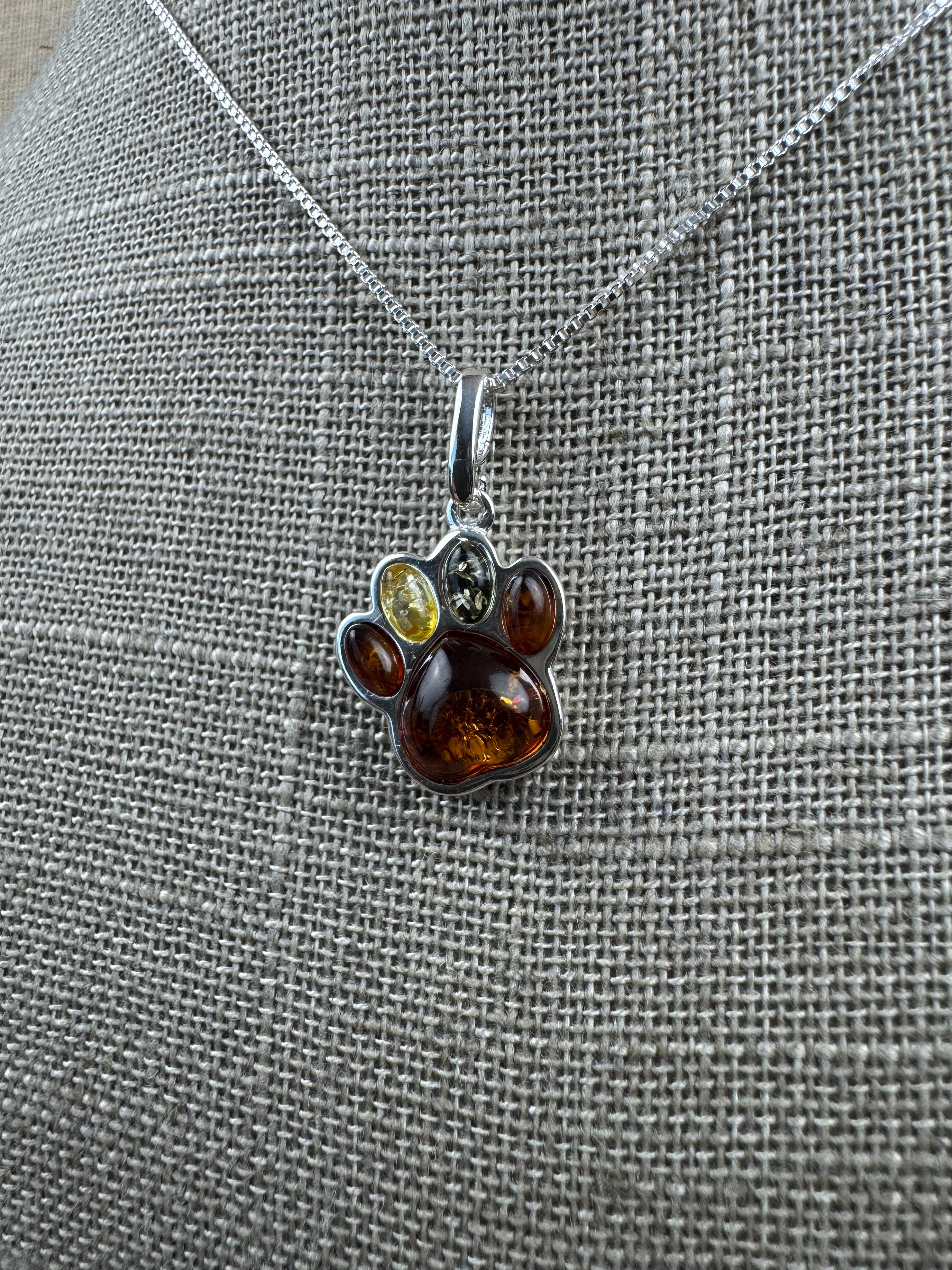 Sterling Silver Baltic Amber Dog Paw Pendant – Handmade in Poland with Honey, Lemon & Green Amber – Pet Lover Necklace