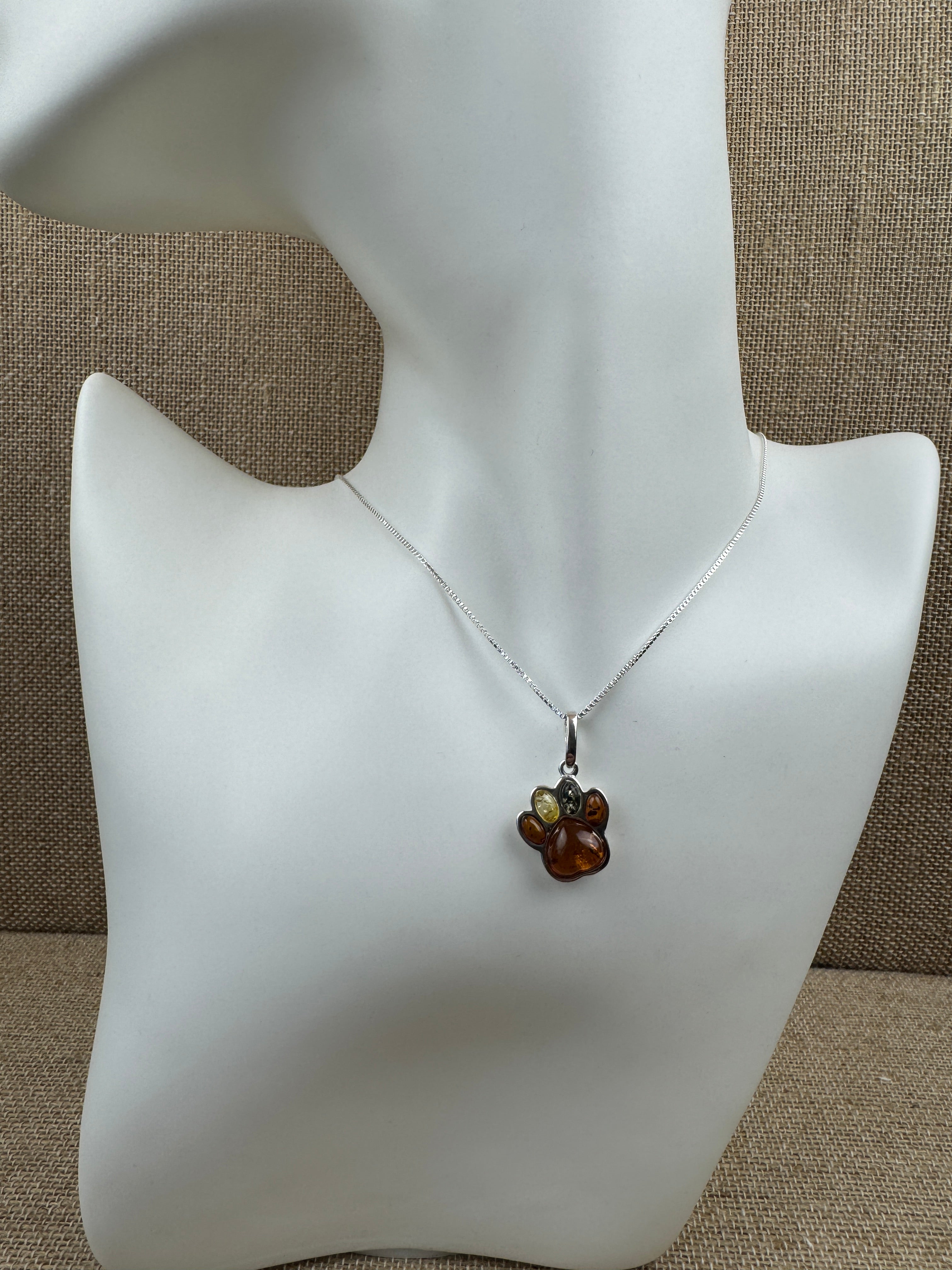 Sterling Silver Baltic Amber Dog Paw Pendant – Handmade in Poland with Honey, Lemon & Green Amber – Pet Lover Necklace