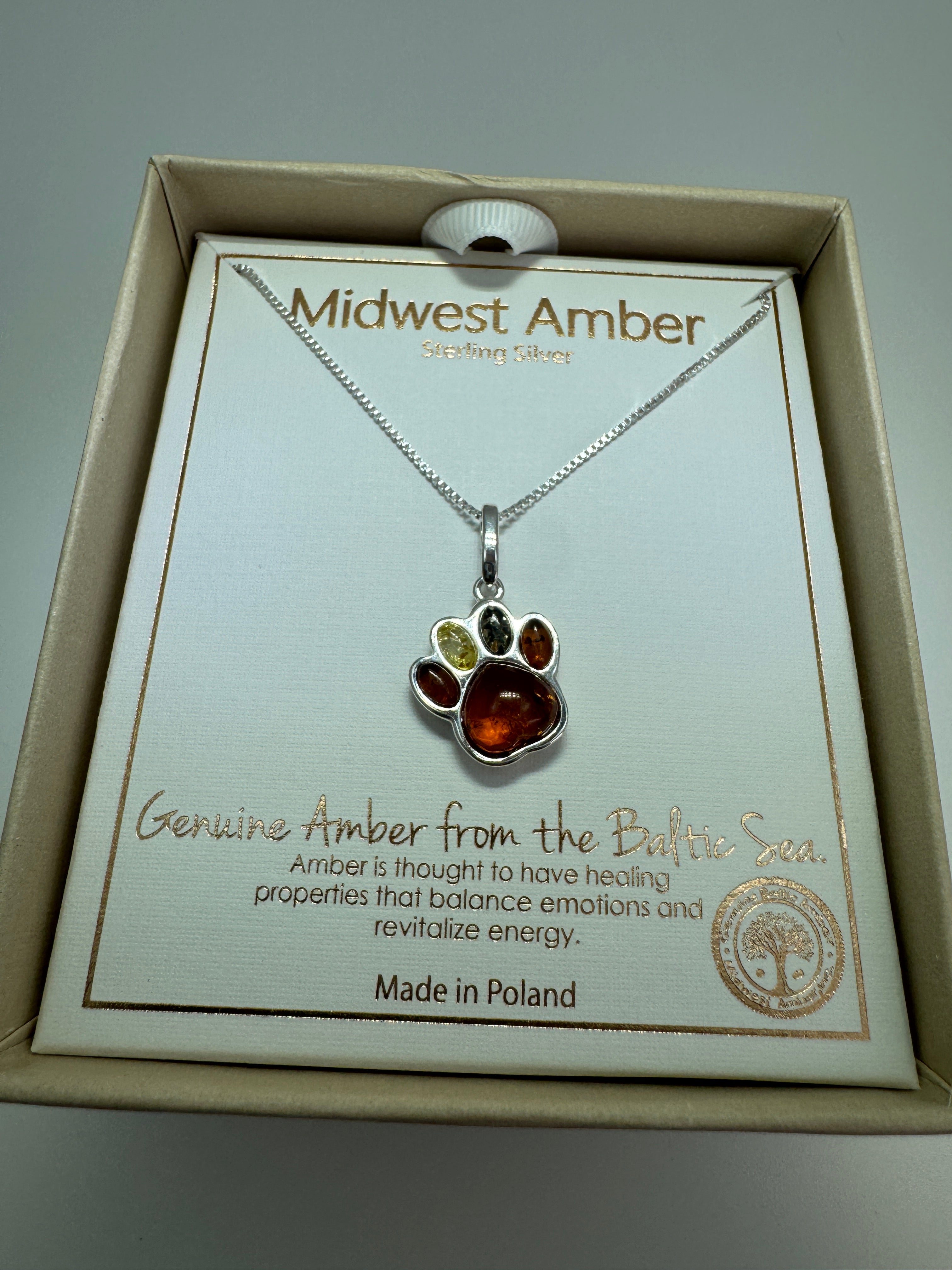 Sterling Silver Baltic Amber Dog Paw Pendant – Handmade in Poland with Honey, Lemon & Green Amber – Pet Lover Necklace