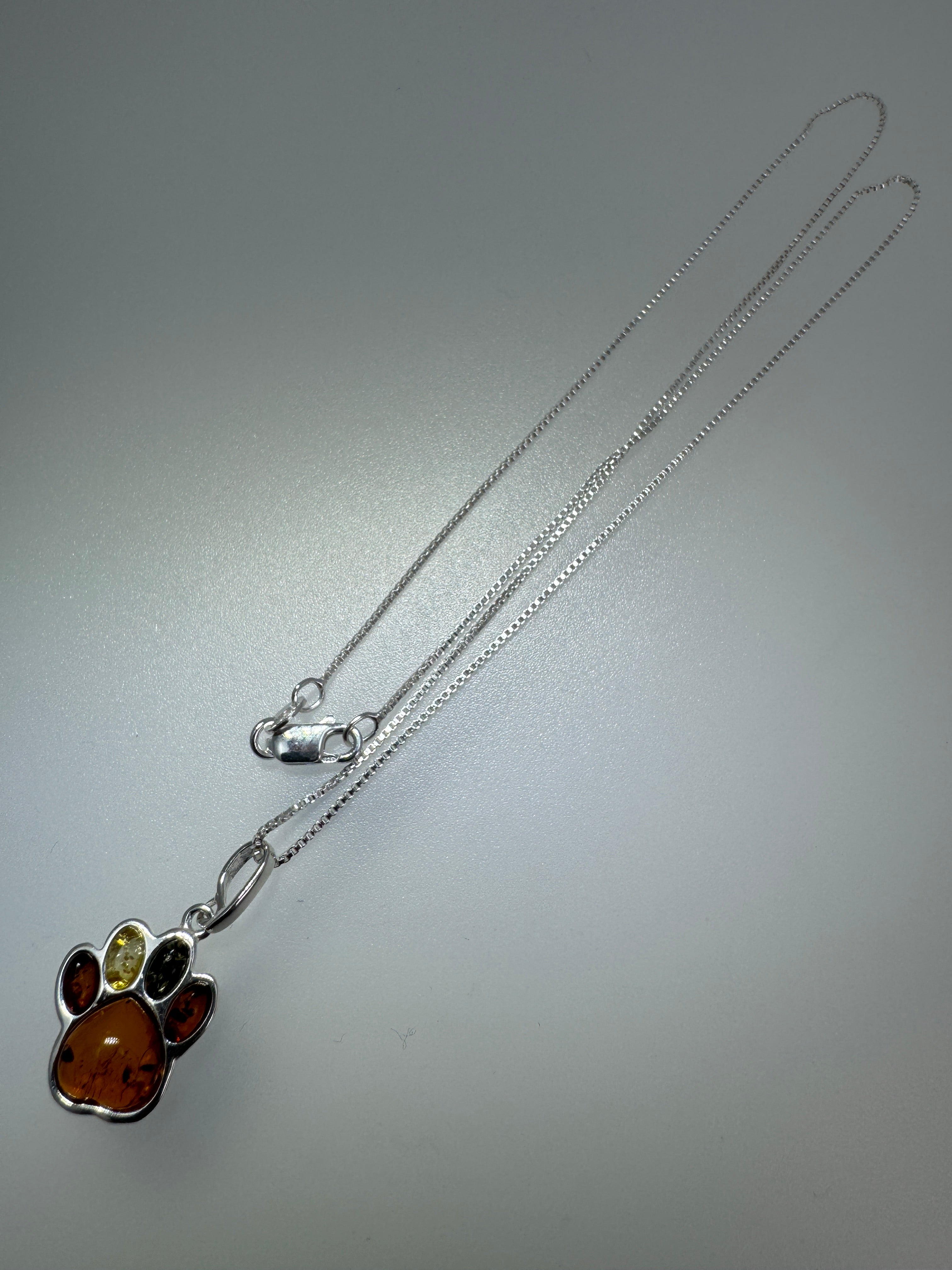 Sterling Silver Baltic Amber Dog Paw Pendant – Handmade in Poland with Honey, Lemon & Green Amber – Pet Lover Necklace