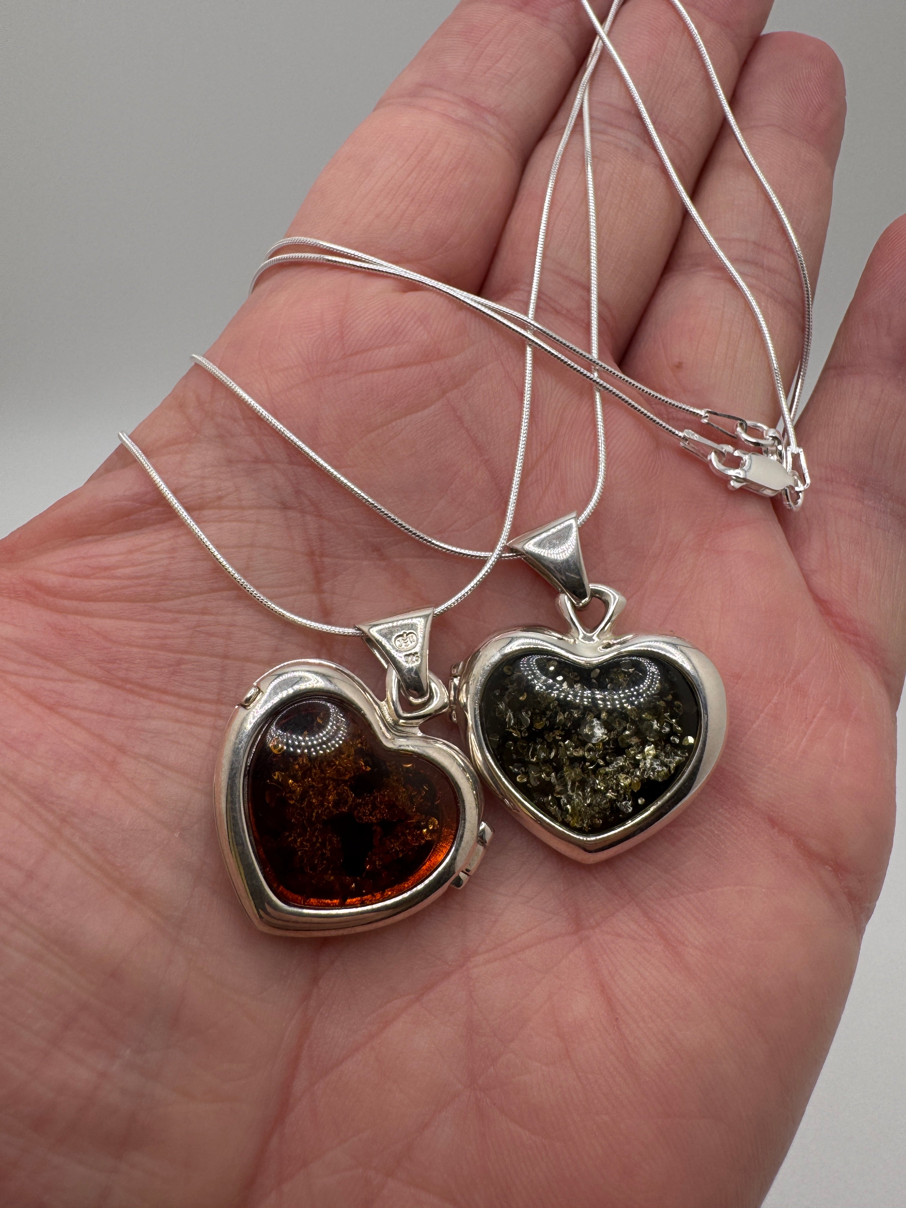 Sterling Silver Baltic Amber Heart Locket Pendant | Reversible Cognac & Green Amber | Handmade in Poland | Unique One-of-a-Kind Gift