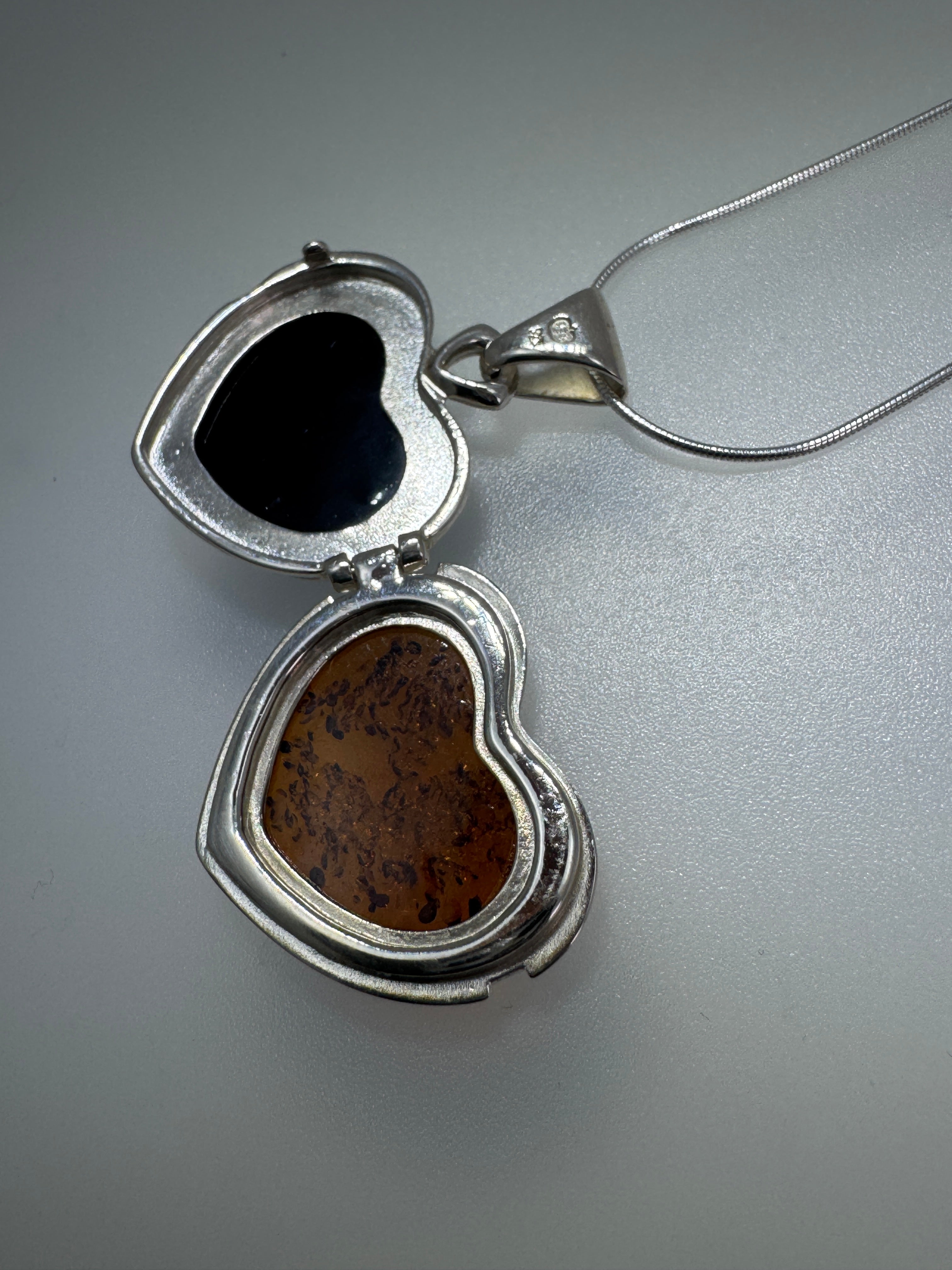 Sterling Silver Baltic Amber Heart Locket Pendant | Reversible Cognac & Green Amber | Handmade in Poland | Unique One-of-a-Kind Gift