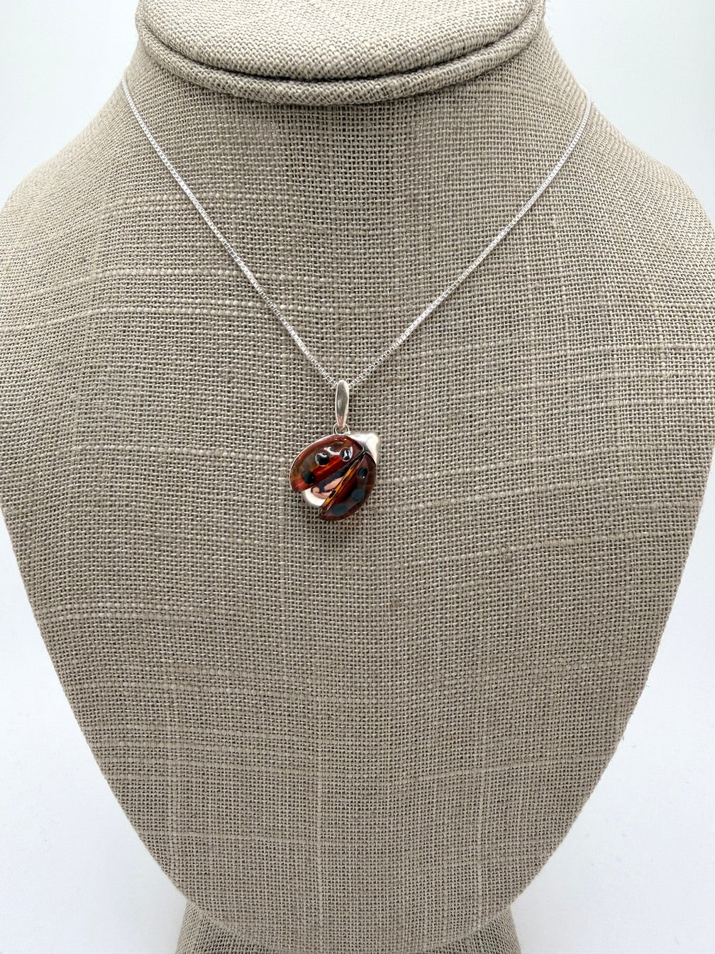 Sterling Silver Baltic Amber Ladybug Pendant – Honey Amber Inlay – Gold or Silver Finish – Nature Inspired Necklace