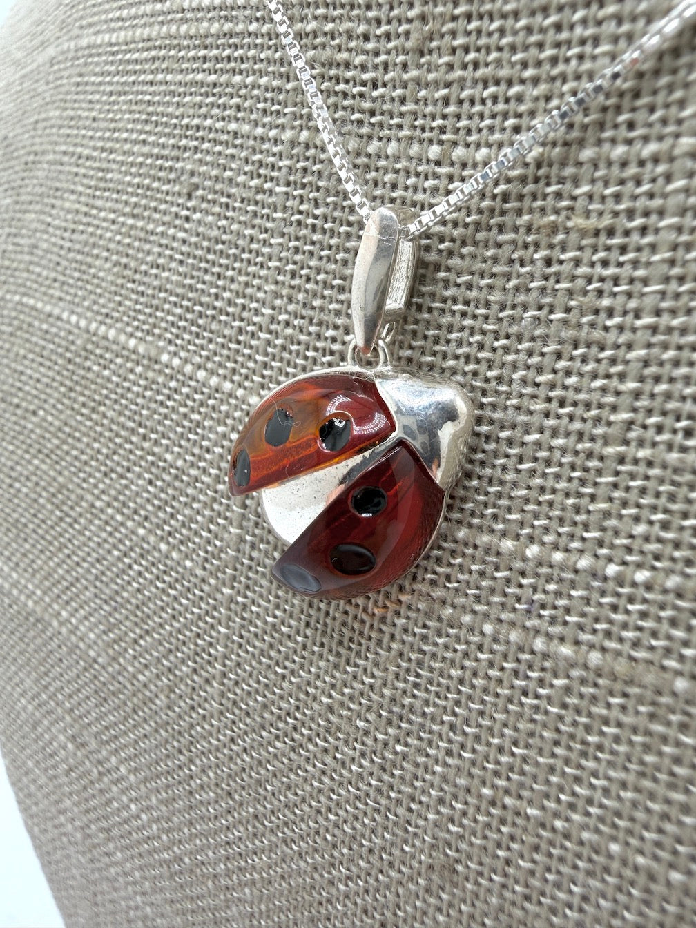 Sterling Silver Baltic Amber Ladybug Pendant – Honey Amber Inlay – Gold or Silver Finish – Nature Inspired Necklace