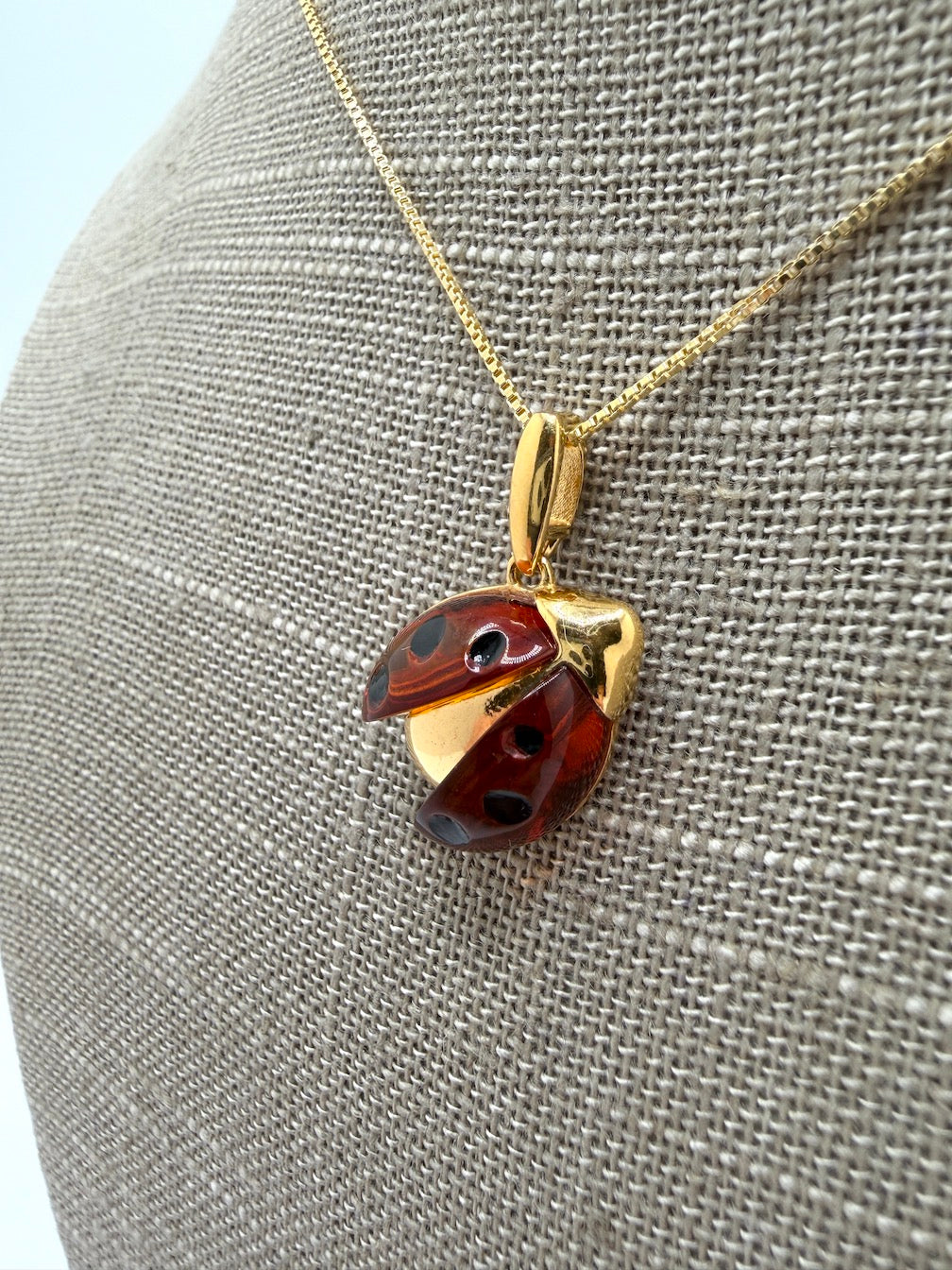 Sterling Silver Baltic Amber Ladybug Pendant – Honey Amber Inlay – Gold or Silver Finish – Nature Inspired Necklace