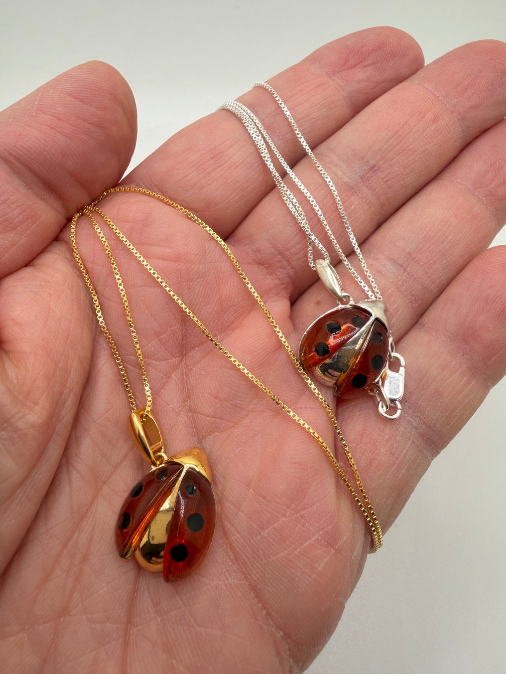 Sterling Silver Baltic Amber Ladybug Pendant – Honey Amber Inlay – Gold or Silver Finish – Nature Inspired Necklace