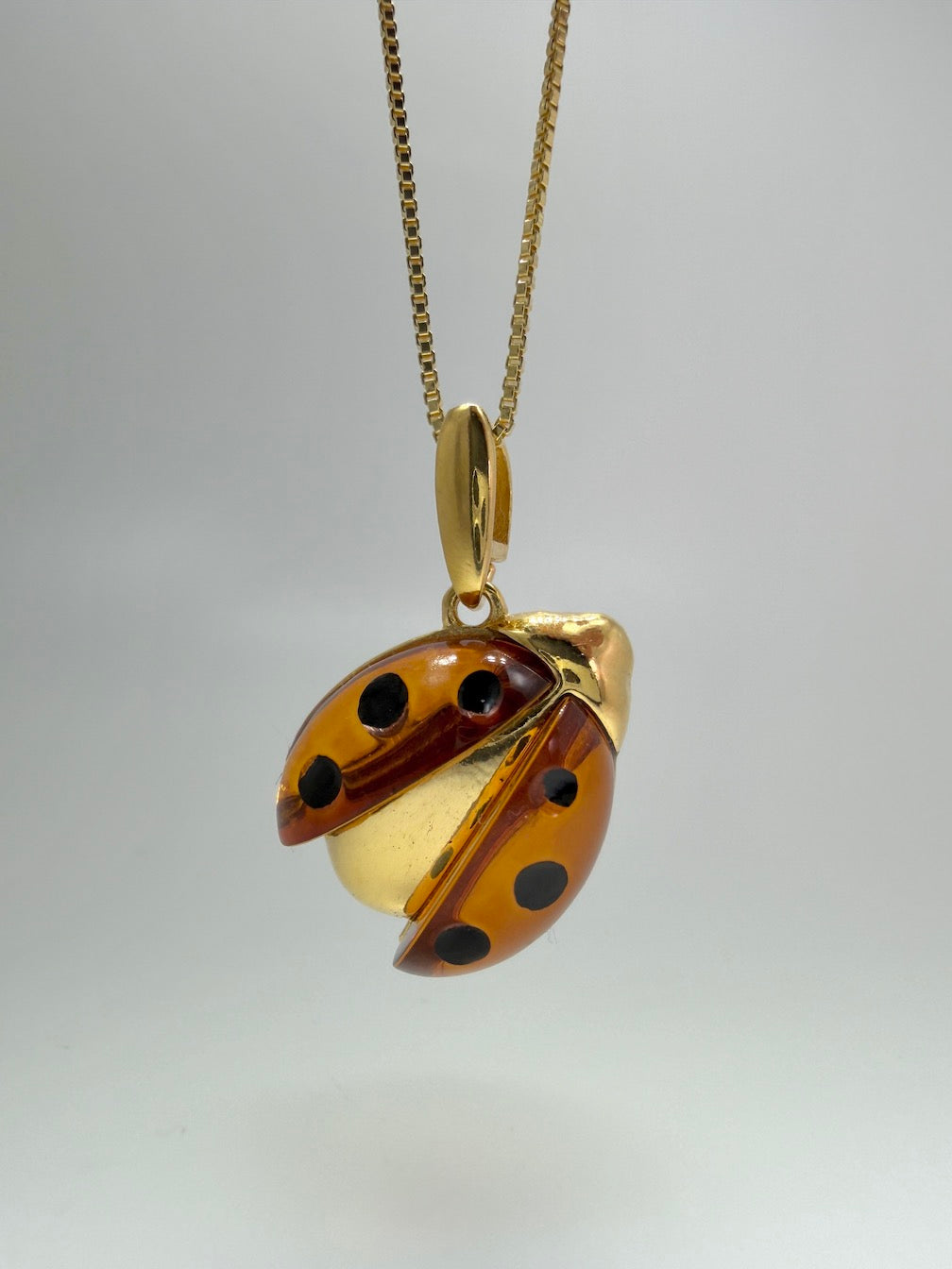 Sterling Silver Baltic Amber Ladybug Pendant – Honey Amber Inlay – Gold or Silver Finish – Nature Inspired Necklace