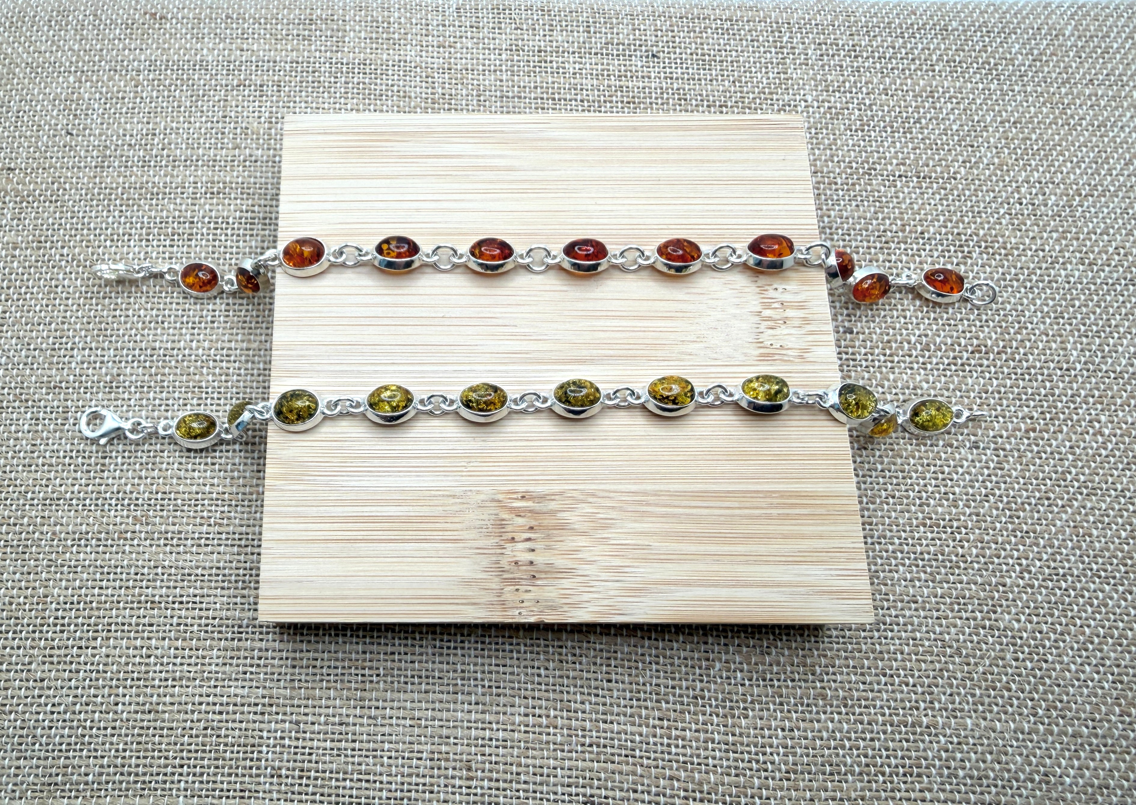 Sterling Silver Baltic Amber Link Bracelet – Handmade in Poland - Choice of Cognac or Green