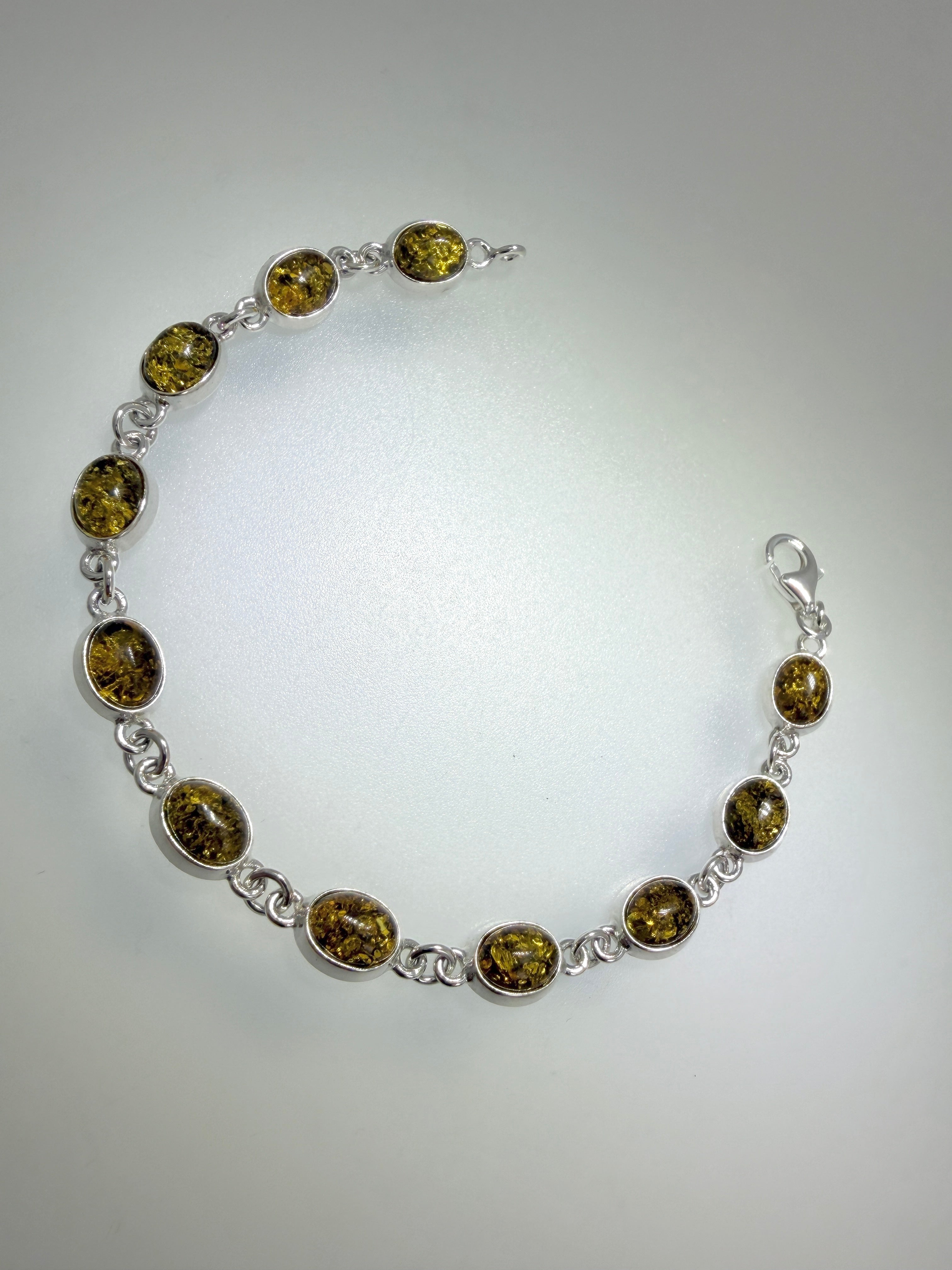 Sterling Silver Baltic Amber Link Bracelet – Handmade in Poland - Choice of Cognac or Green