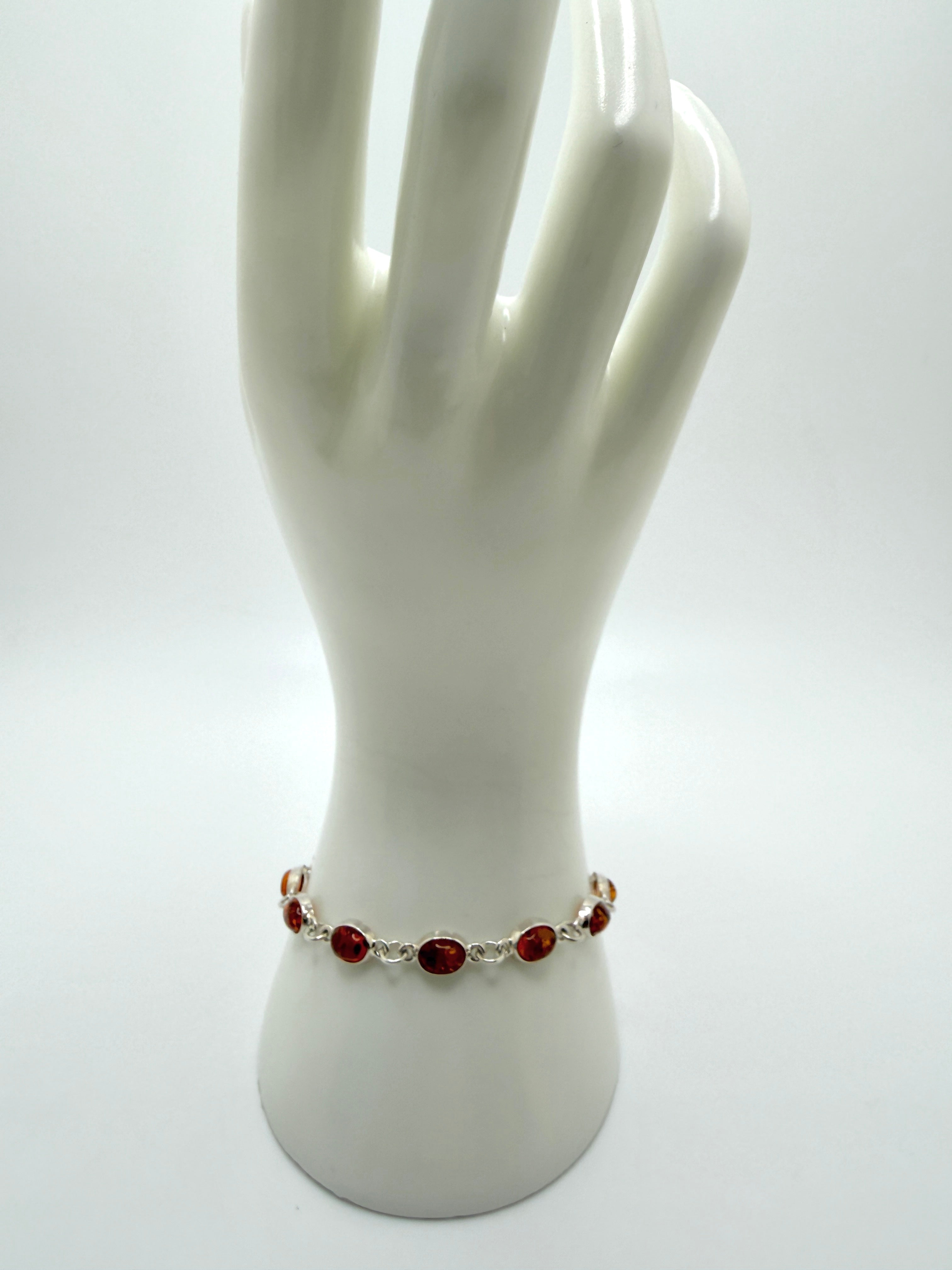Sterling Silver Baltic Amber Link Bracelet – Handmade in Poland - Choice of Cognac or Green