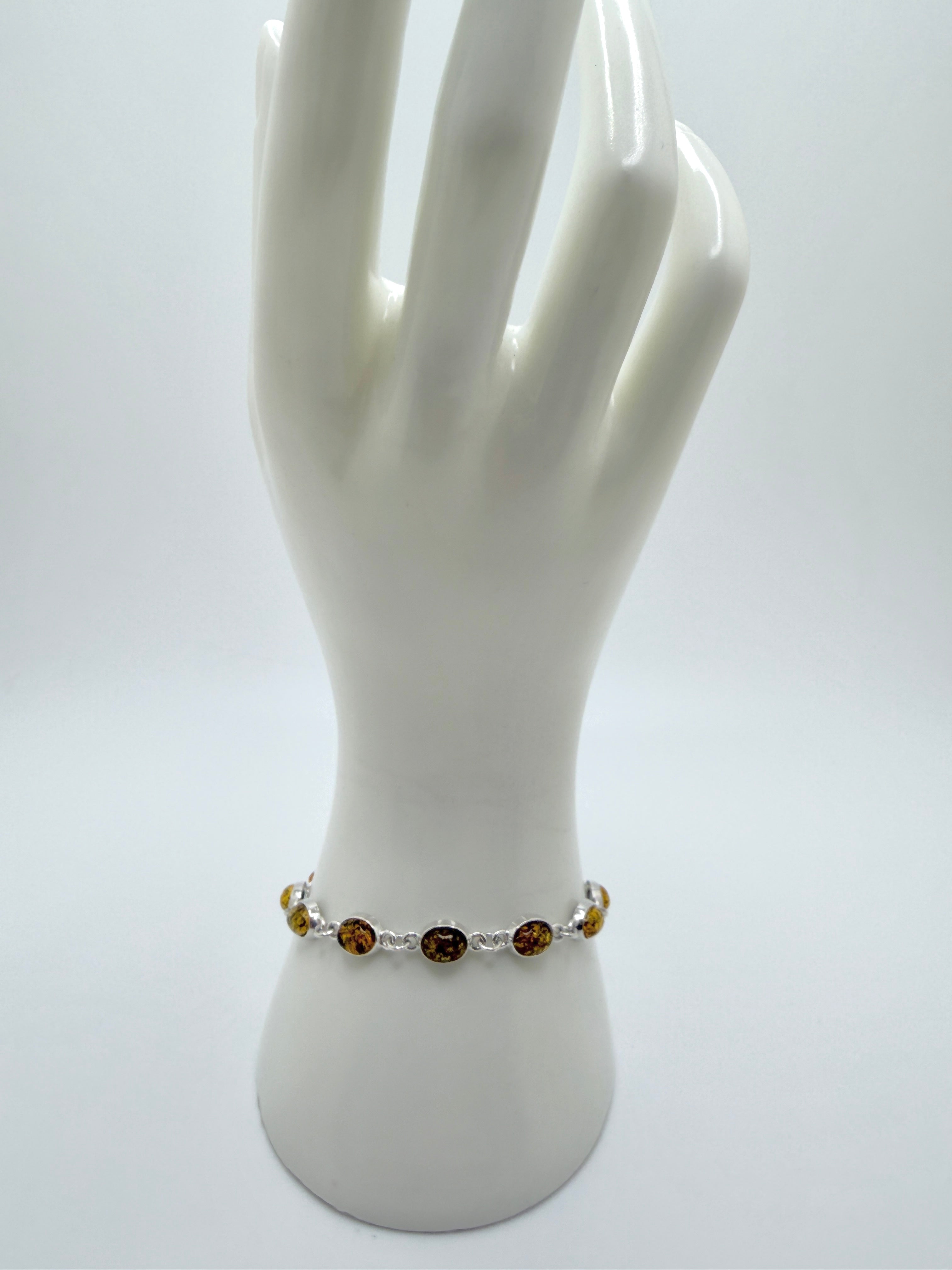 Sterling Silver Baltic Amber Link Bracelet – Handmade in Poland - Choice of Cognac or Green