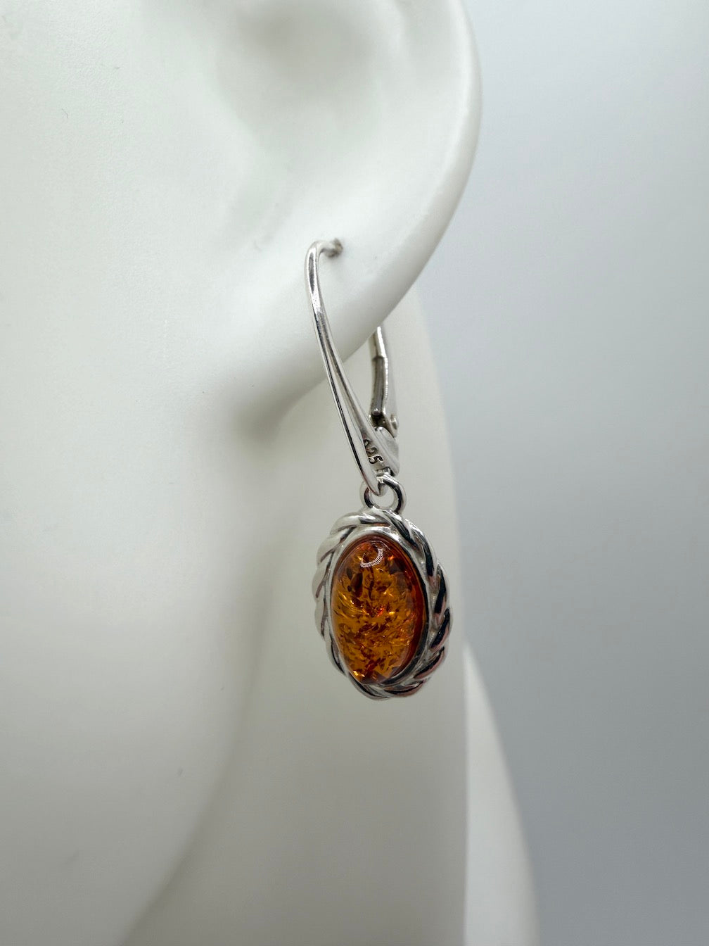 Sterling Silver Baltic Amber Oval Drop Lever Back Earrings