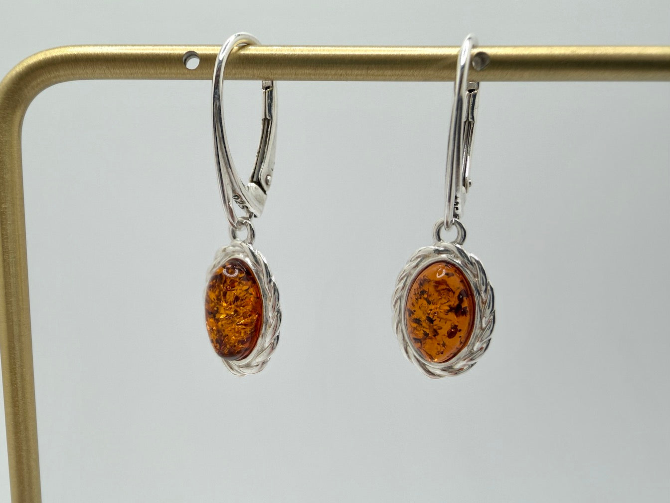 Sterling Silver Baltic Amber Oval Drop Lever Back Earrings