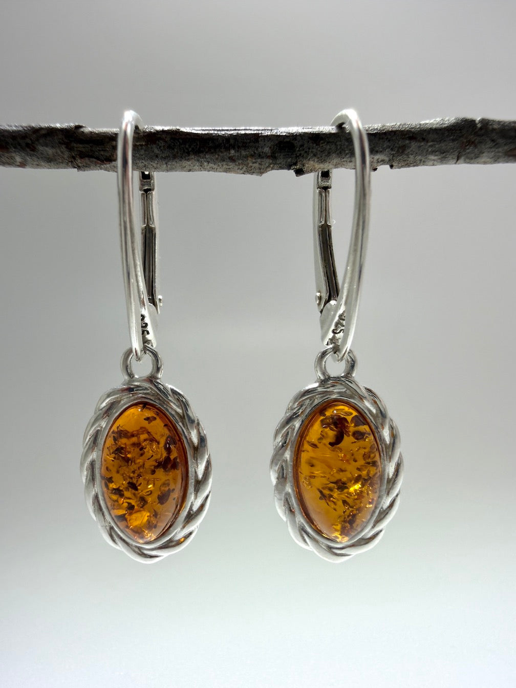 Sterling Silver Baltic Amber Oval Drop Lever Back Earrings