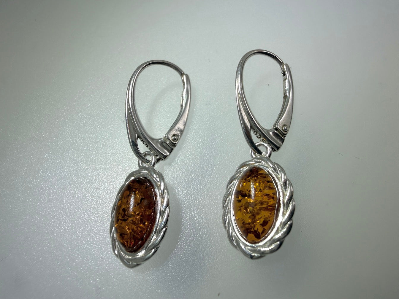Sterling Silver Baltic Amber Oval Drop Lever Back Earrings