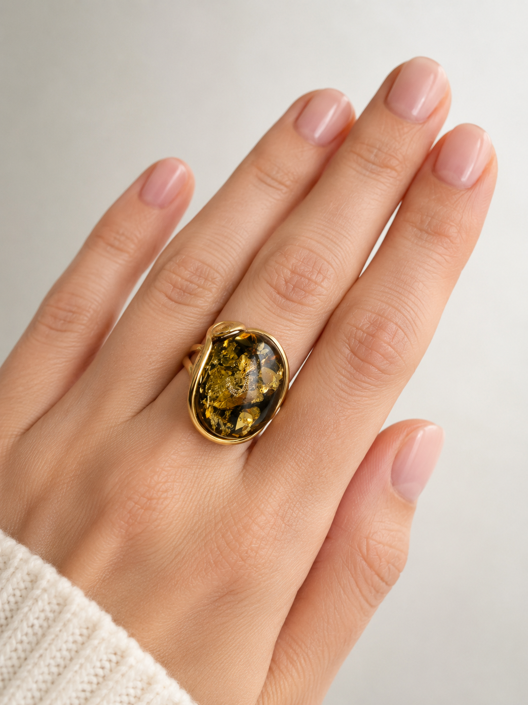 Handmade Sterling Silver Baltic Amber Ring Green Color