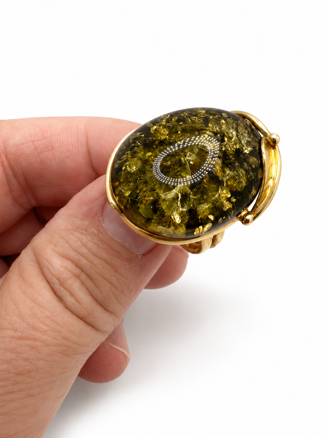 Sterling Silver Baltic Amber Ring Green Color Adjustable