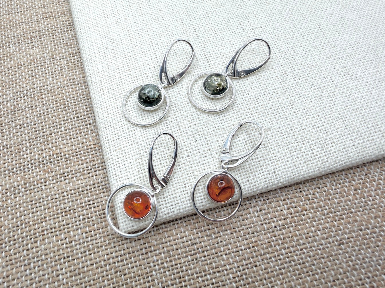 Sterling Silver Baltic Amber Round Drop Lever Back Earrings – Handmade in Poland