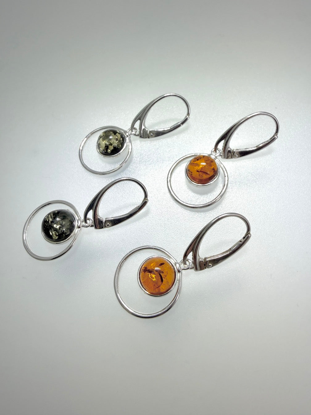 Sterling Silver Baltic Amber Round Drop Lever Back Earrings – Handmade in Poland