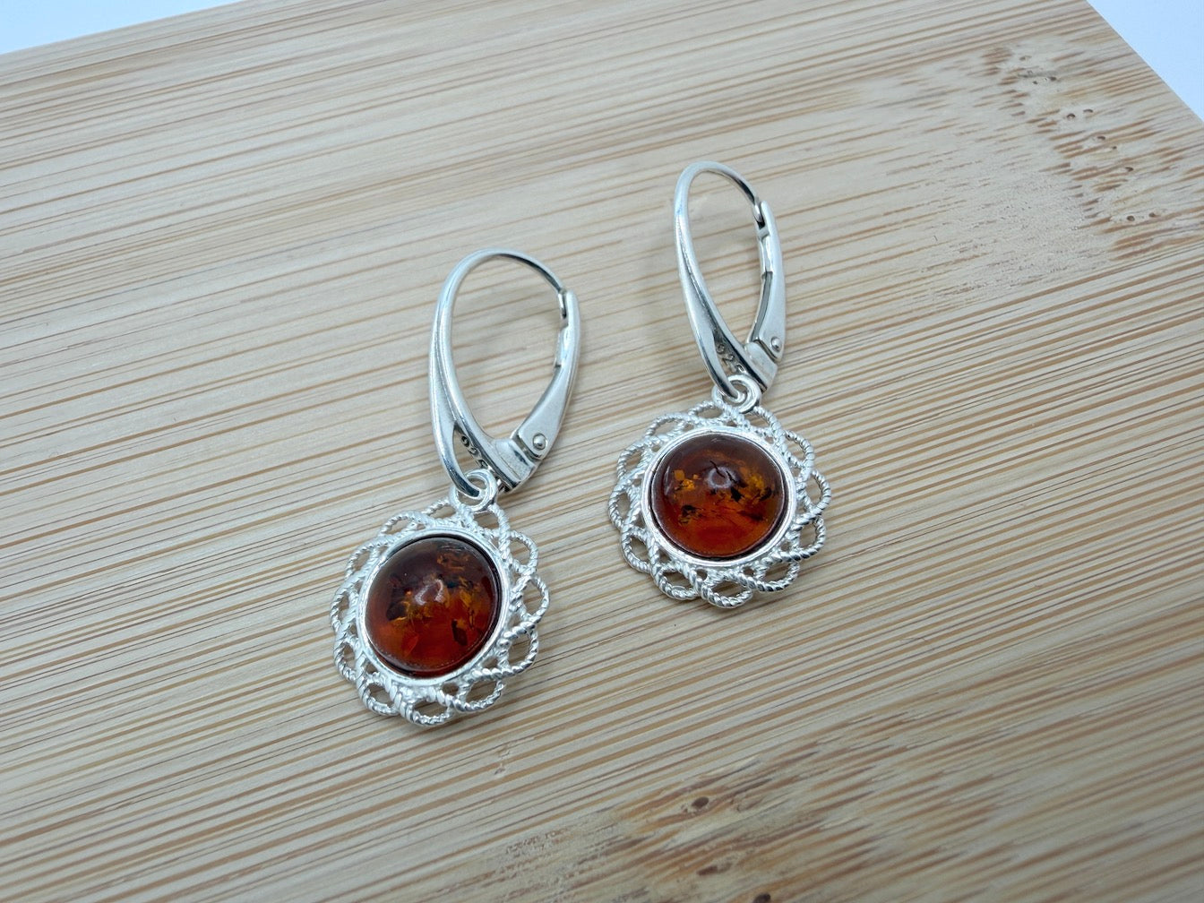 Sterling Silver Baltic Amber Round Drop Lever Back Earrings – Handmade in Poland