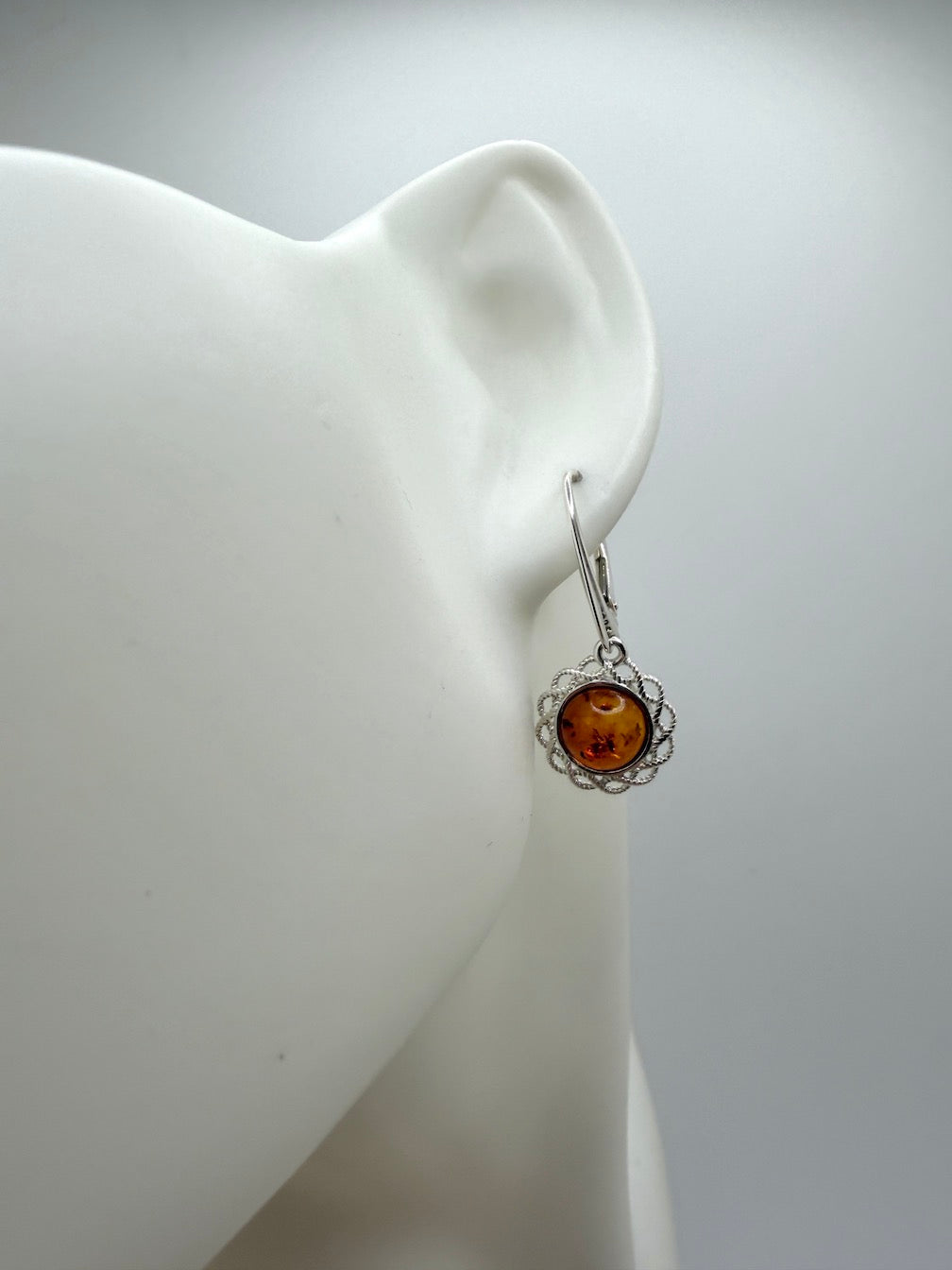 Sterling Silver Baltic Amber Round Drop Lever Back Earrings – Handmade in Poland