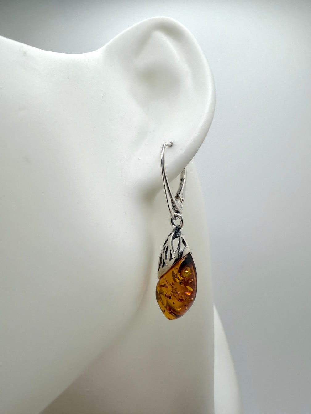 Sterling Silver Baltic Amber Whimsical Drop Lever Back Earrings | Cognac or Green Amber | Elegant Lightweight Dangle Jewelry