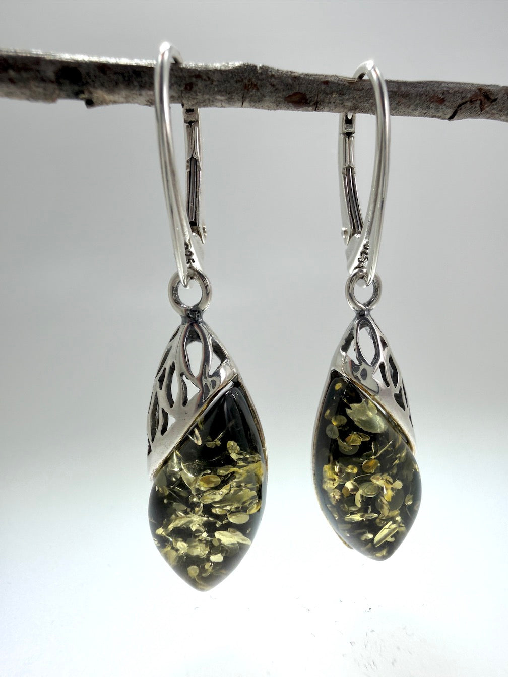 Sterling Silver Baltic Amber Whimsical Drop Lever Back Earrings | Cognac or Green Amber | Elegant Lightweight Dangle Jewelry