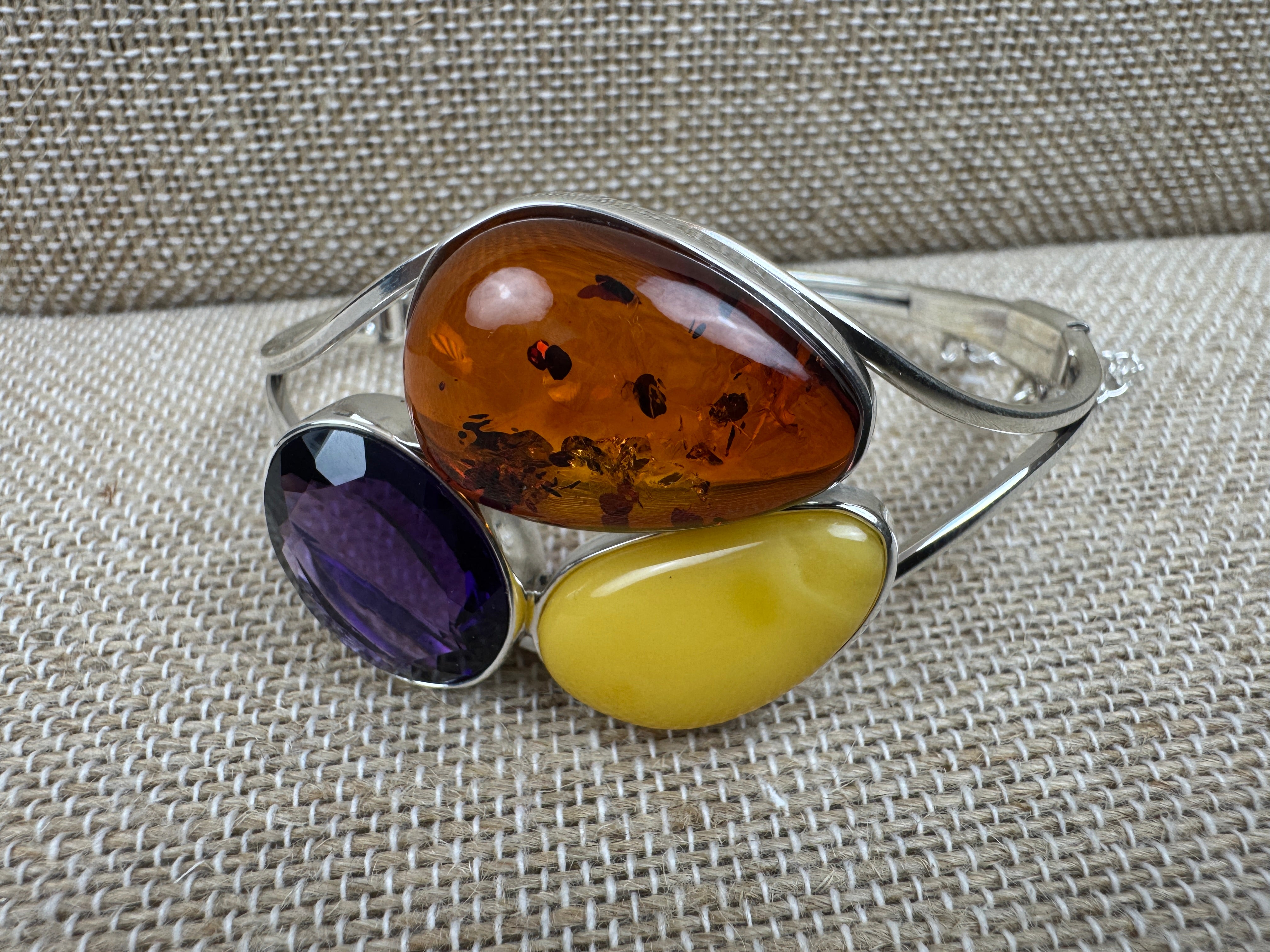 Sterling Silver Baltic Amber & Faceted Amethyst Cuff Bracelet – Handmade in Poland
