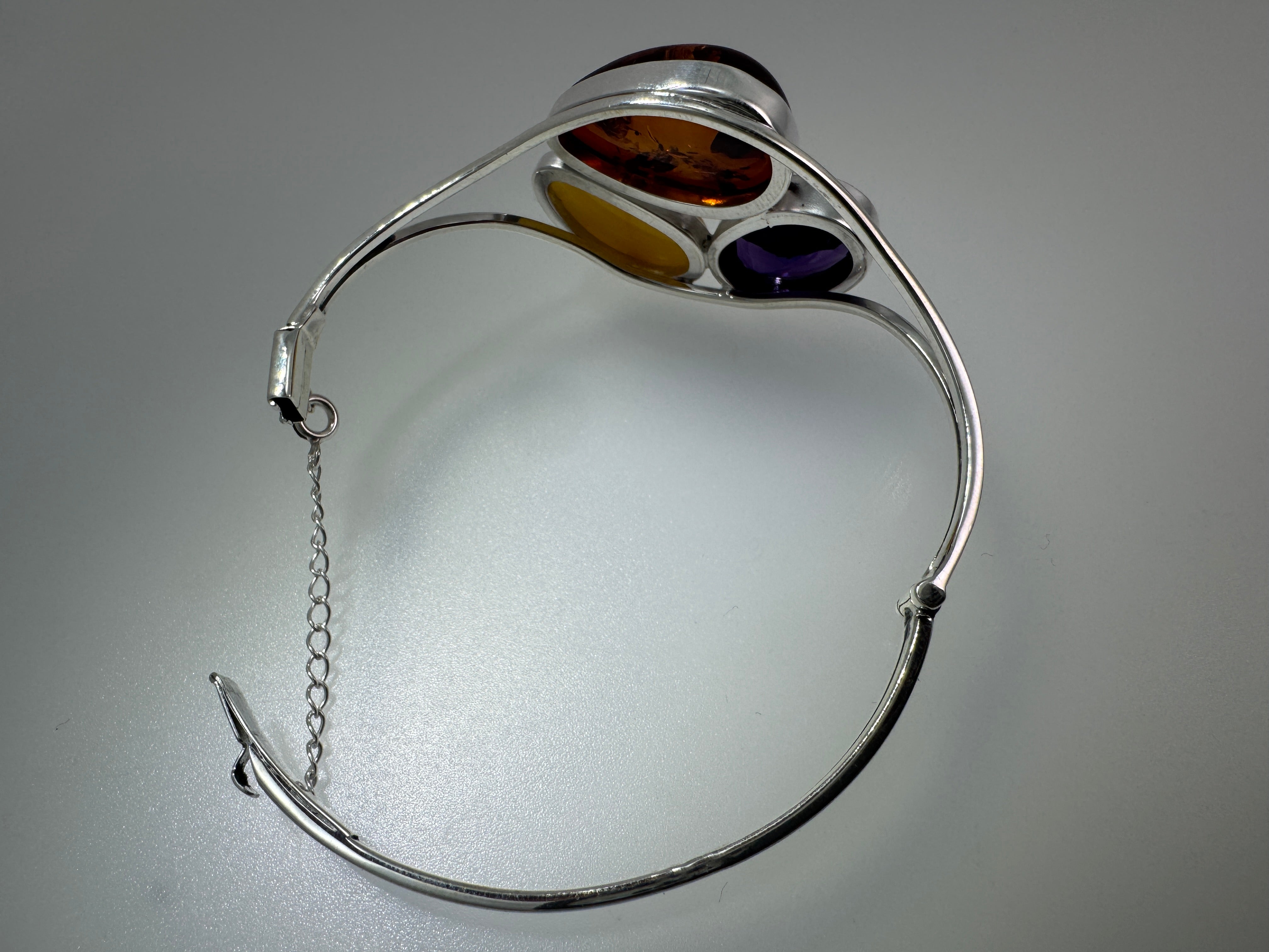 Sterling Silver Baltic Amber & Faceted Amethyst Cuff Bracelet – Handmade in Poland