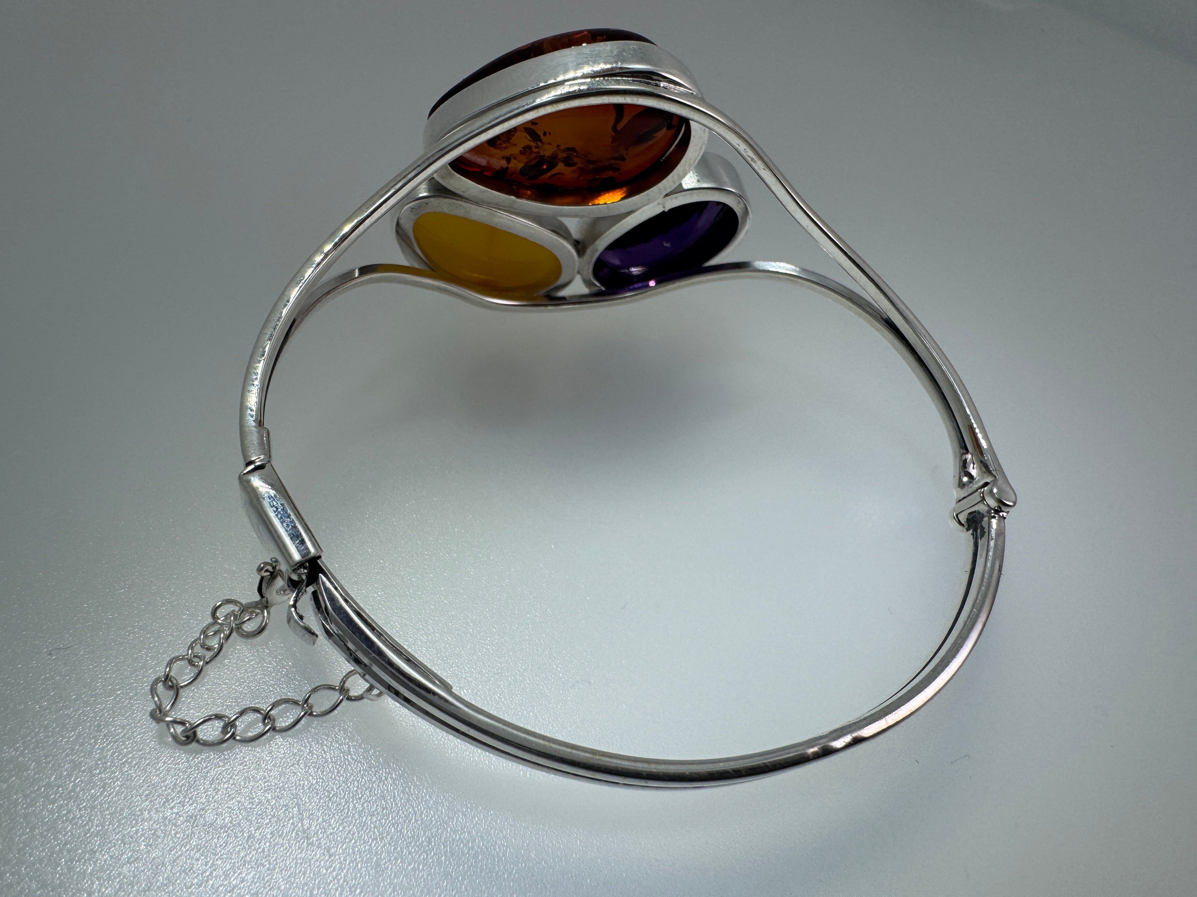 Sterling Silver Baltic Amber & Faceted Amethyst Cuff Bracelet – Handmade in Poland