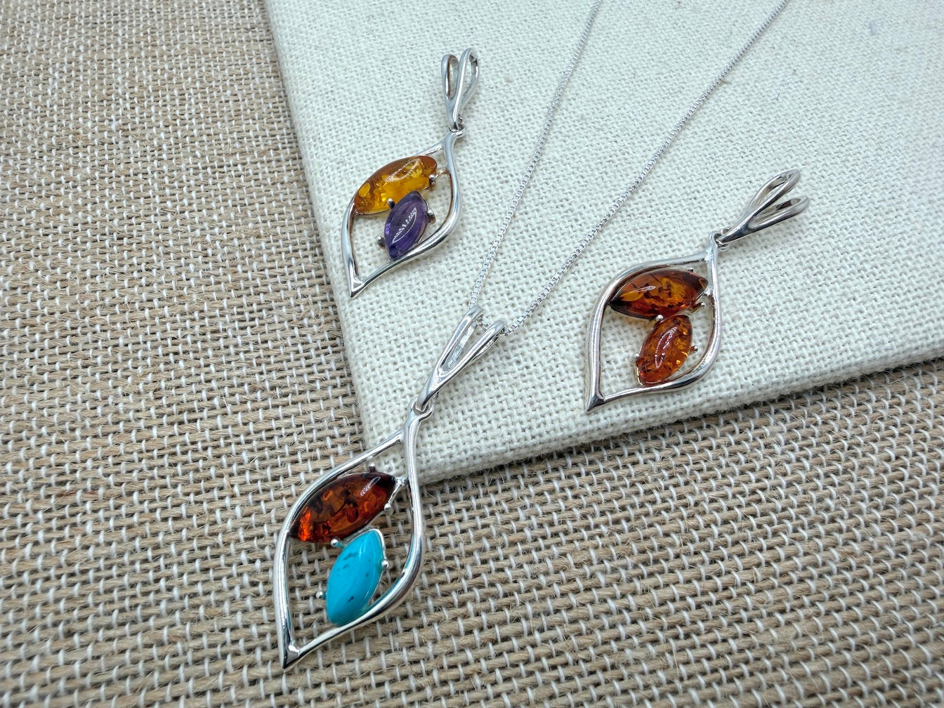 Sterling Silver Baltic Amber & Gemstone Marquise Pendant – Honey, Turquoise or Amethyst – Artisan Drop Necklace