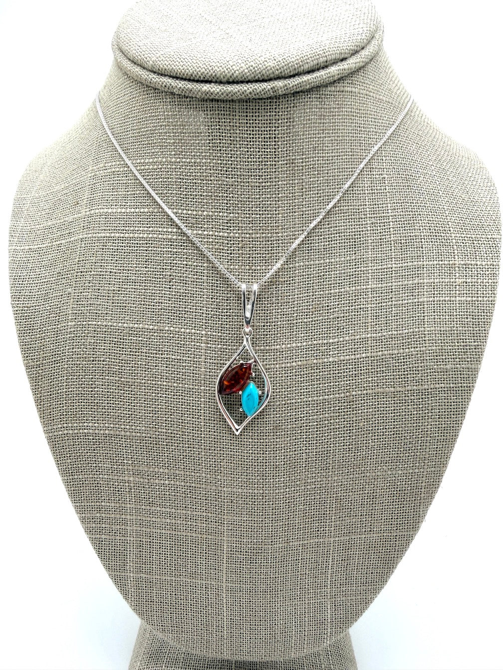 Sterling Silver Baltic Amber & Gemstone Marquise Pendant – Honey, Turquoise or Amethyst – Artisan Drop Necklace