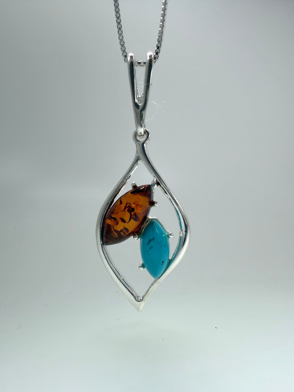 Sterling Silver Baltic Amber & Gemstone Marquise Pendant – Honey, Turquoise or Amethyst – Artisan Drop Necklace