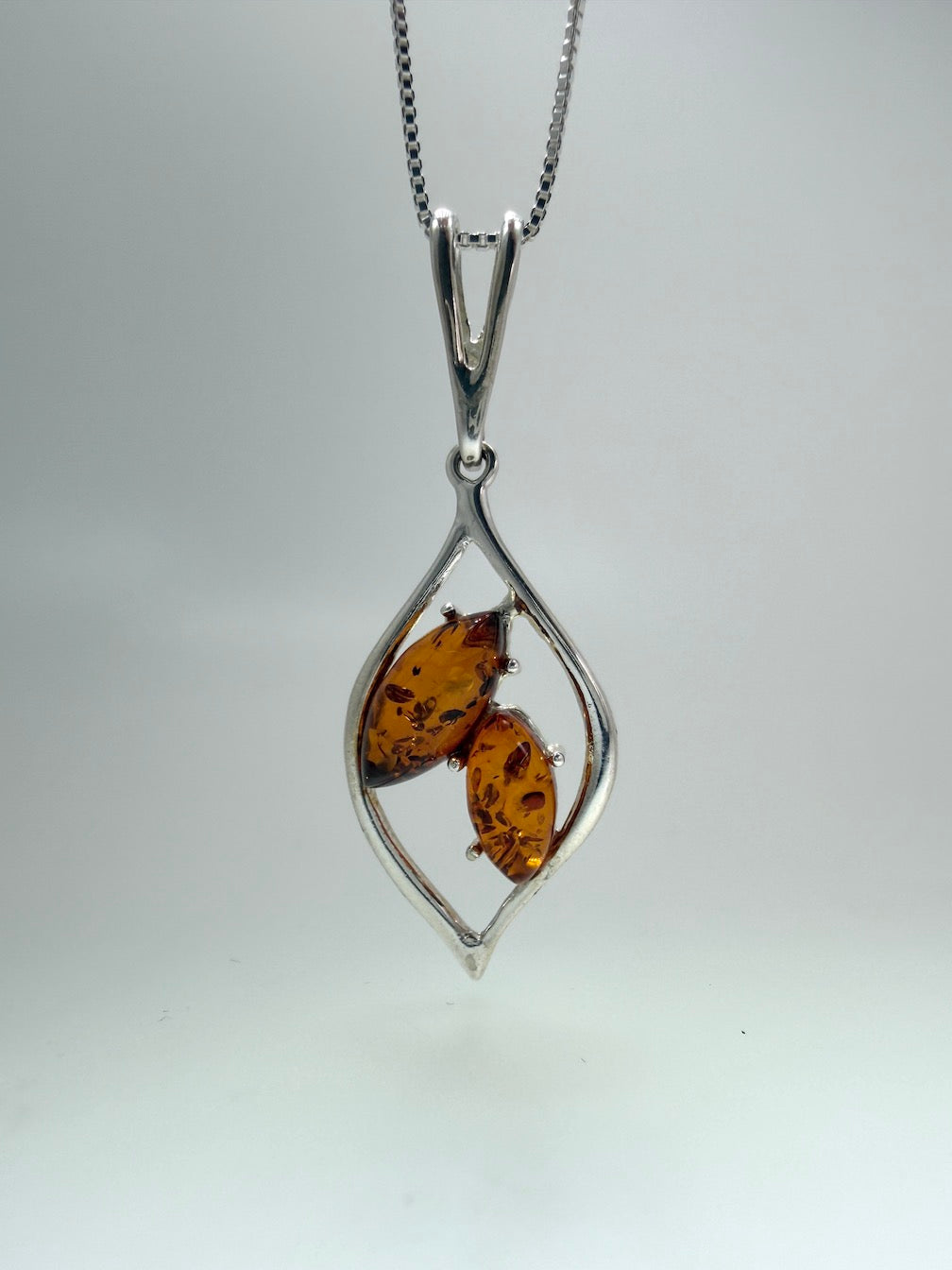 Sterling Silver Baltic Amber & Gemstone Marquise Pendant – Honey, Turquoise or Amethyst – Artisan Drop Necklace