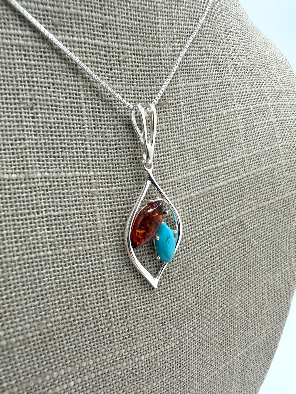 Sterling Silver Baltic Amber & Gemstone Marquise Pendant – Honey, Turquoise or Amethyst – Artisan Drop Necklace