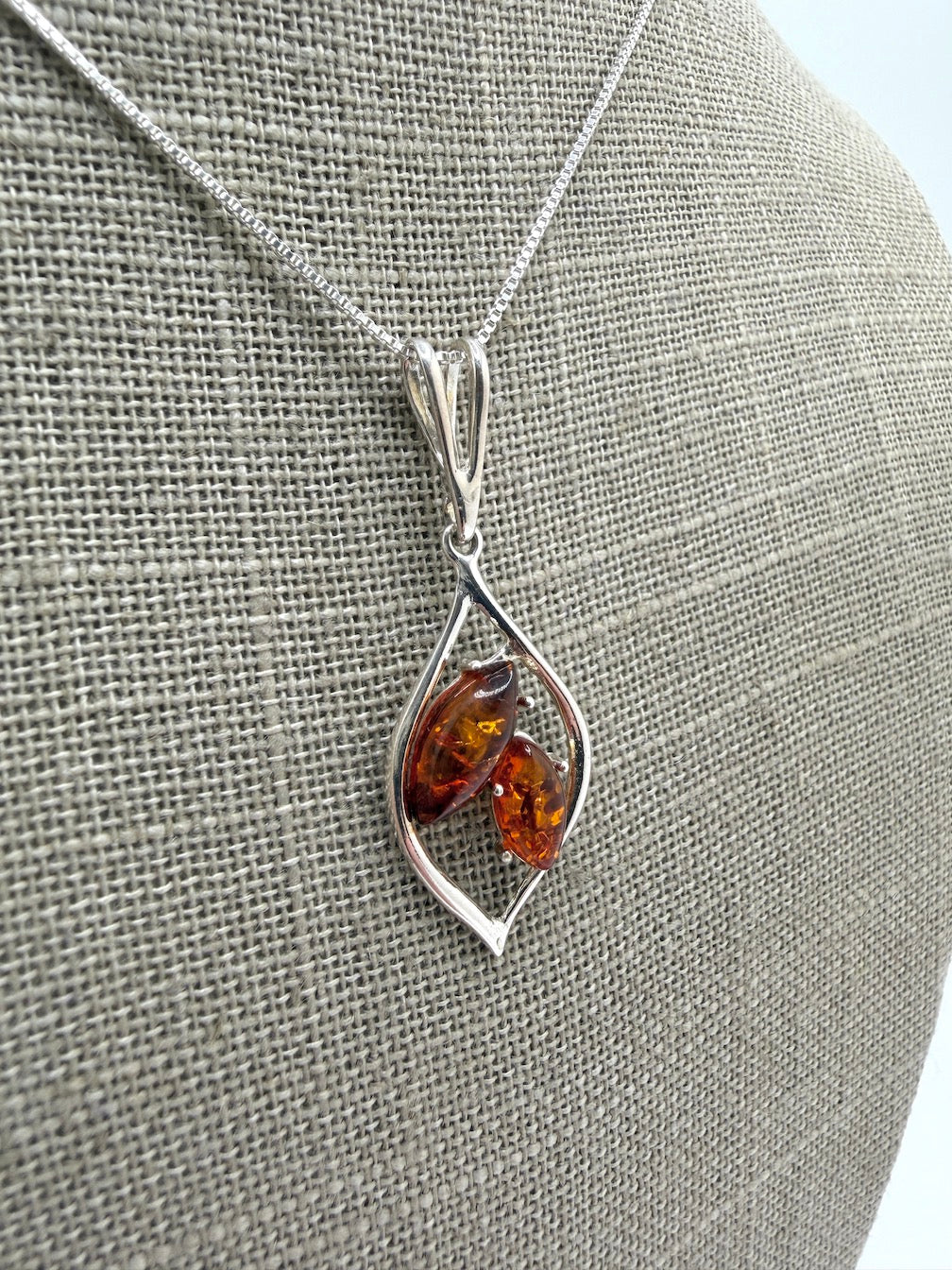 Sterling Silver Baltic Amber & Gemstone Marquise Pendant – Honey, Turquoise or Amethyst – Artisan Drop Necklace