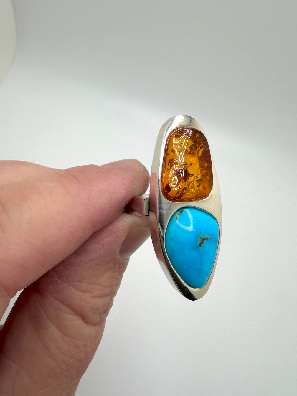 Sterling Silver Baltic Amber & Sleeping Beauty Turquoise Pendant – Handmade Modern Elongated Design – Snake Chain Necklace