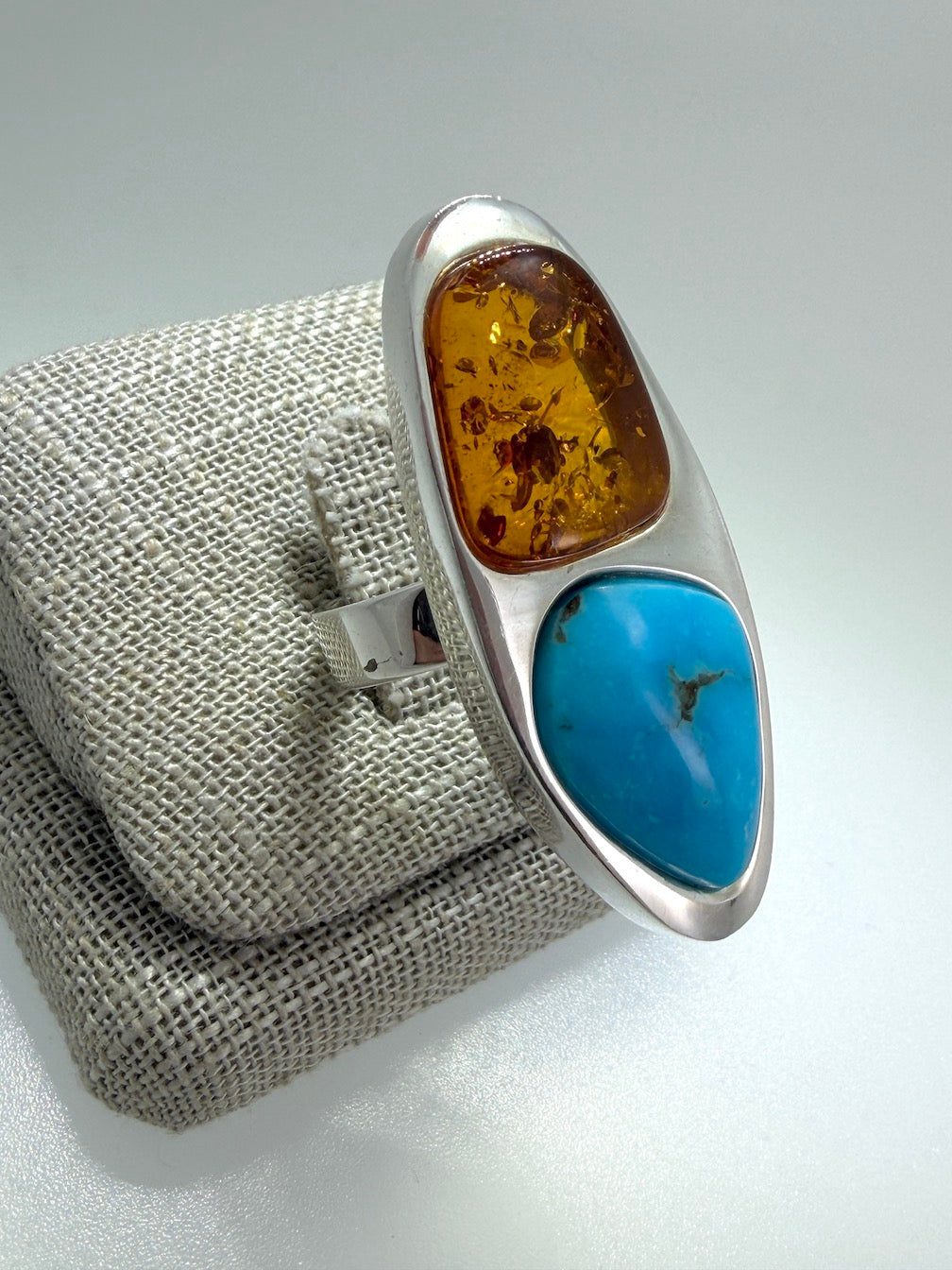 Sterling Silver Baltic Amber & Sleeping Beauty Turquoise Pendant – Handmade Modern Elongated Design – Snake Chain Necklace